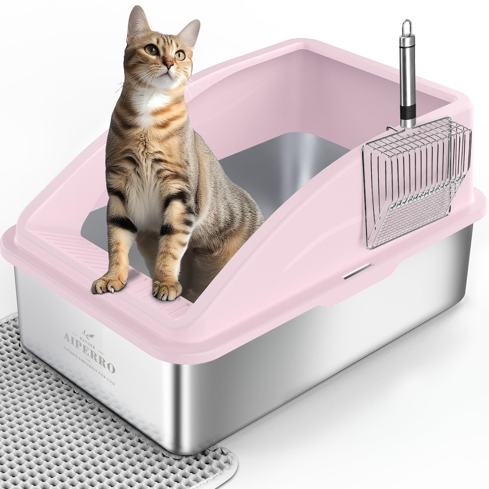 AIPERRO Stainless Steel Litter Box | XL Enclosed Cat Litter Box with Lid for Big Cats | High Sided, Anti-Urine Leakage | Non-Sti