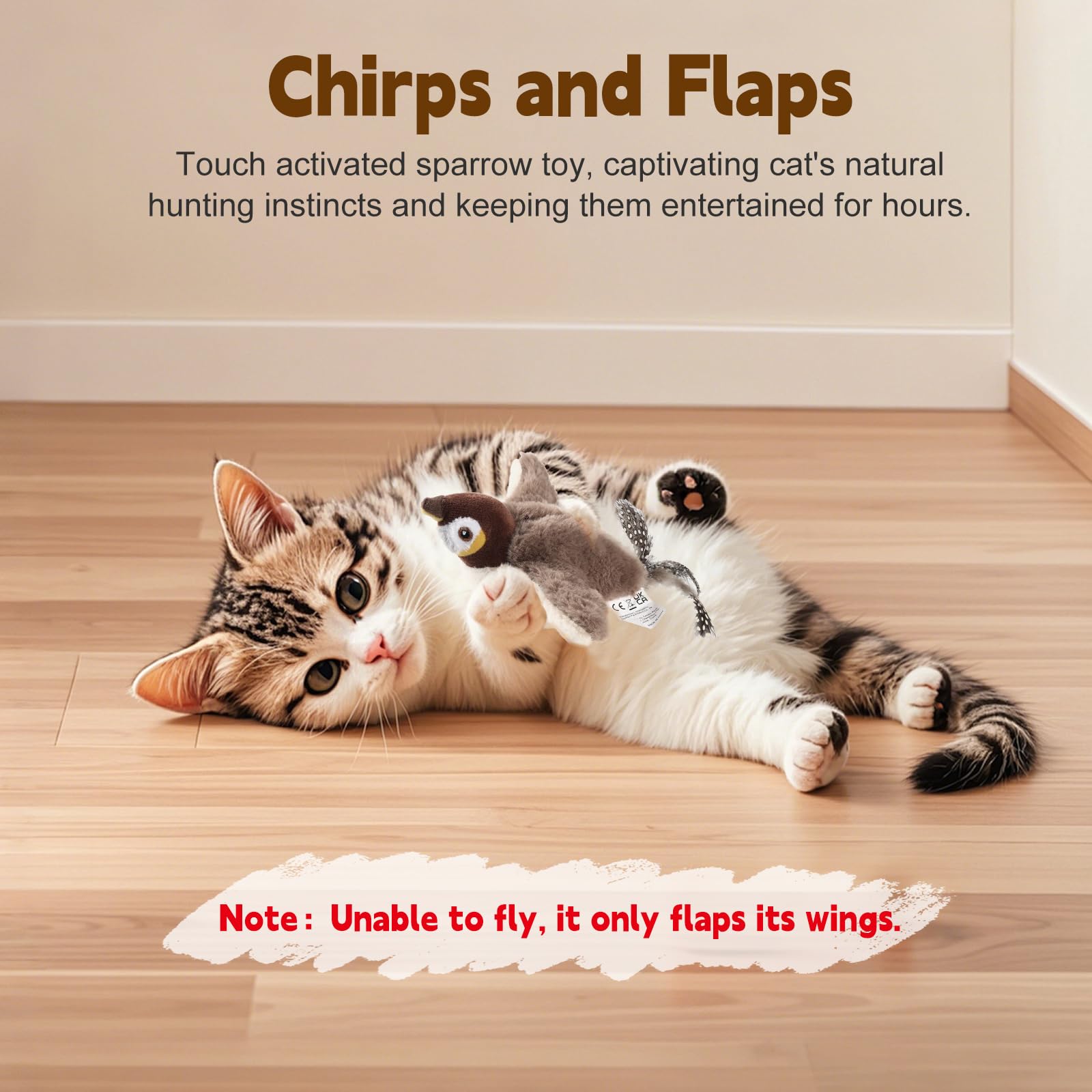 Poreids Chirping Bird Cat Toy - Interactive Flapping Bird Cat Toy For Indoor Cats, Simulated Rechargeable Flappy Sparrow With Ca