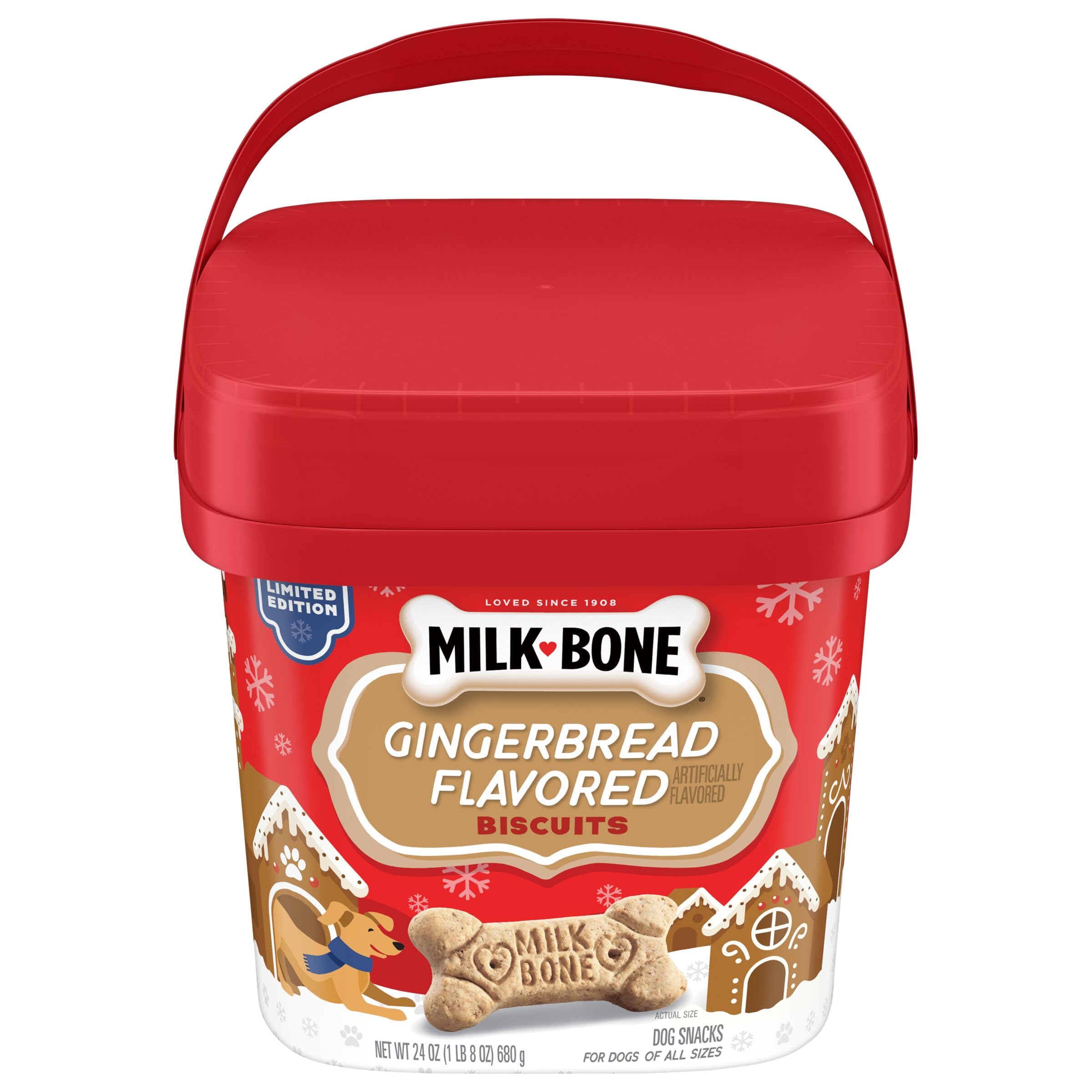 Milk-Bone Limited Edition Gingerbread Flavored Biscuit Dog Treats, 24 Ounce Reusable Pail