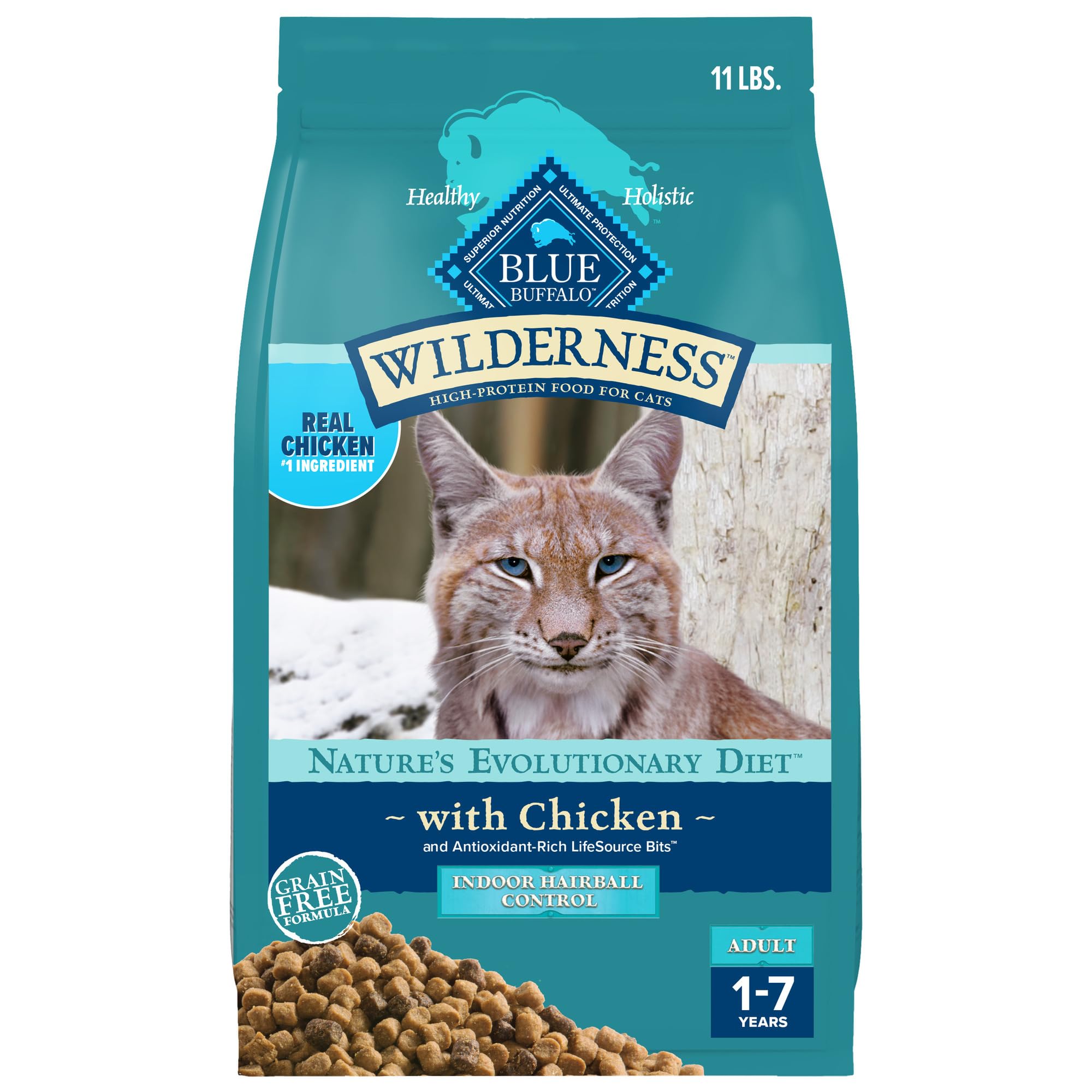Blue Buffalo Wilderness High-Protein, Grain-Free Natural Dry Food for Adult Cats, Indoor Hairball Control, Chicken, 11-lb. Bag