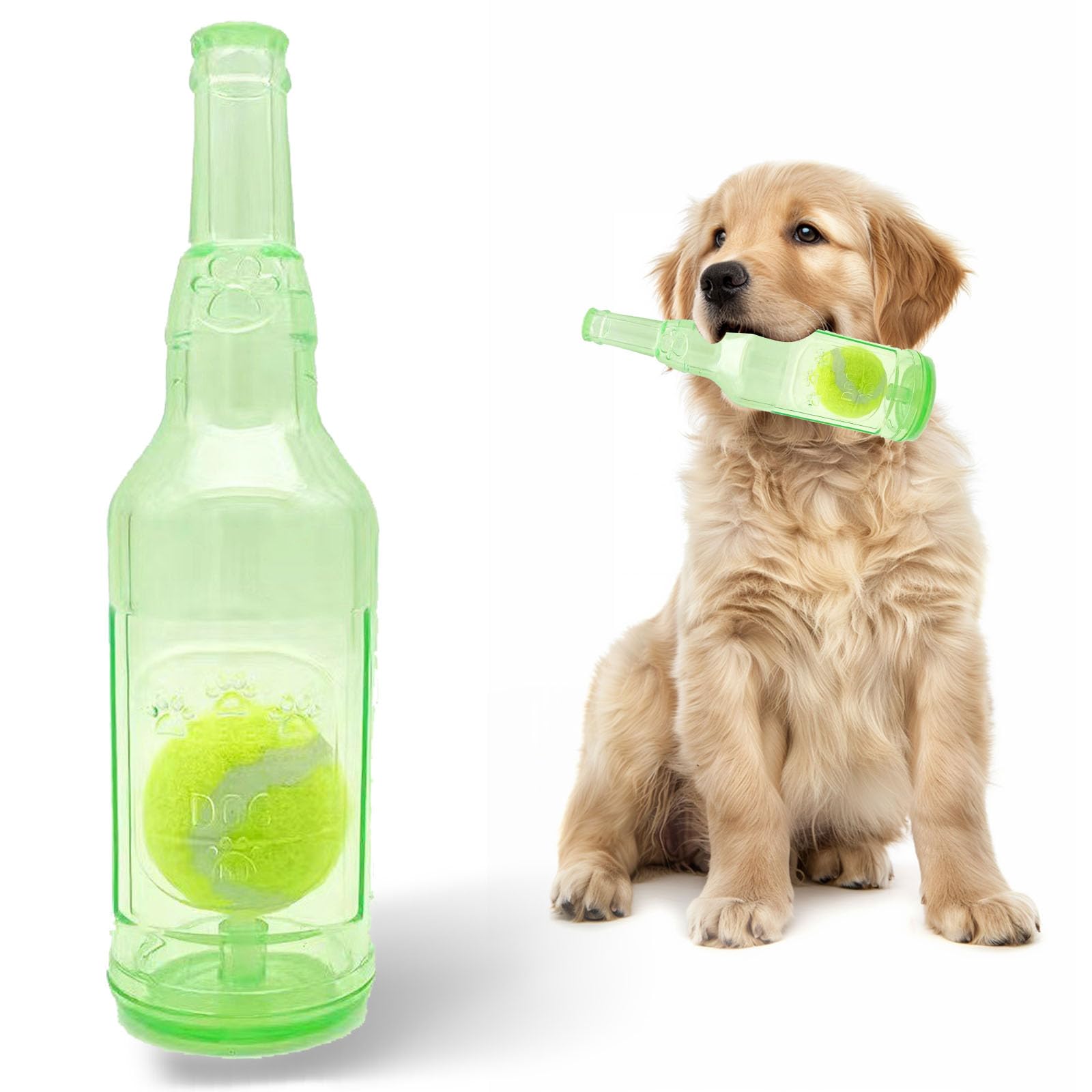 Squeaky Chew Toy For Dogs, Tpr Bottle With Tennis Ball Inside (Green, Large)