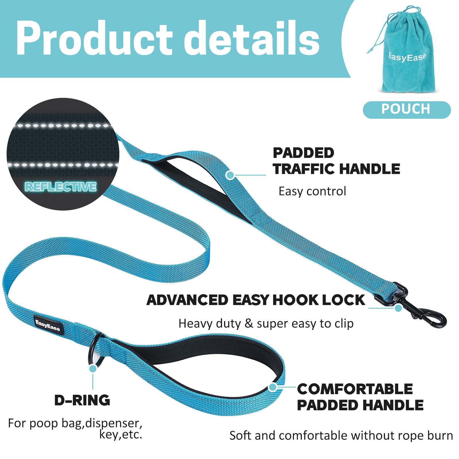 Easyease Dog Leash With 2 Comfortable Soft Padded Handles, Reflective Heavy Duty Pet Dog Walking Leashes, 4Ft Blue Durable Dog T