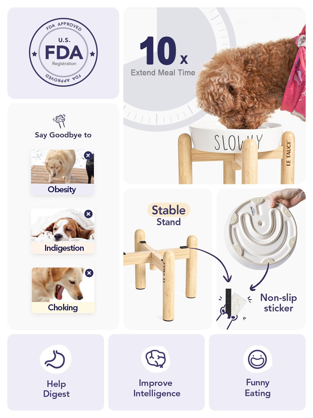 Slow Feeder Dog Bowl With Wooden Stand - 3 Cup Ceramic Raised Bowl For Medium Large Breed Dogs, Puzzle Feeder To Slow Down Eatin