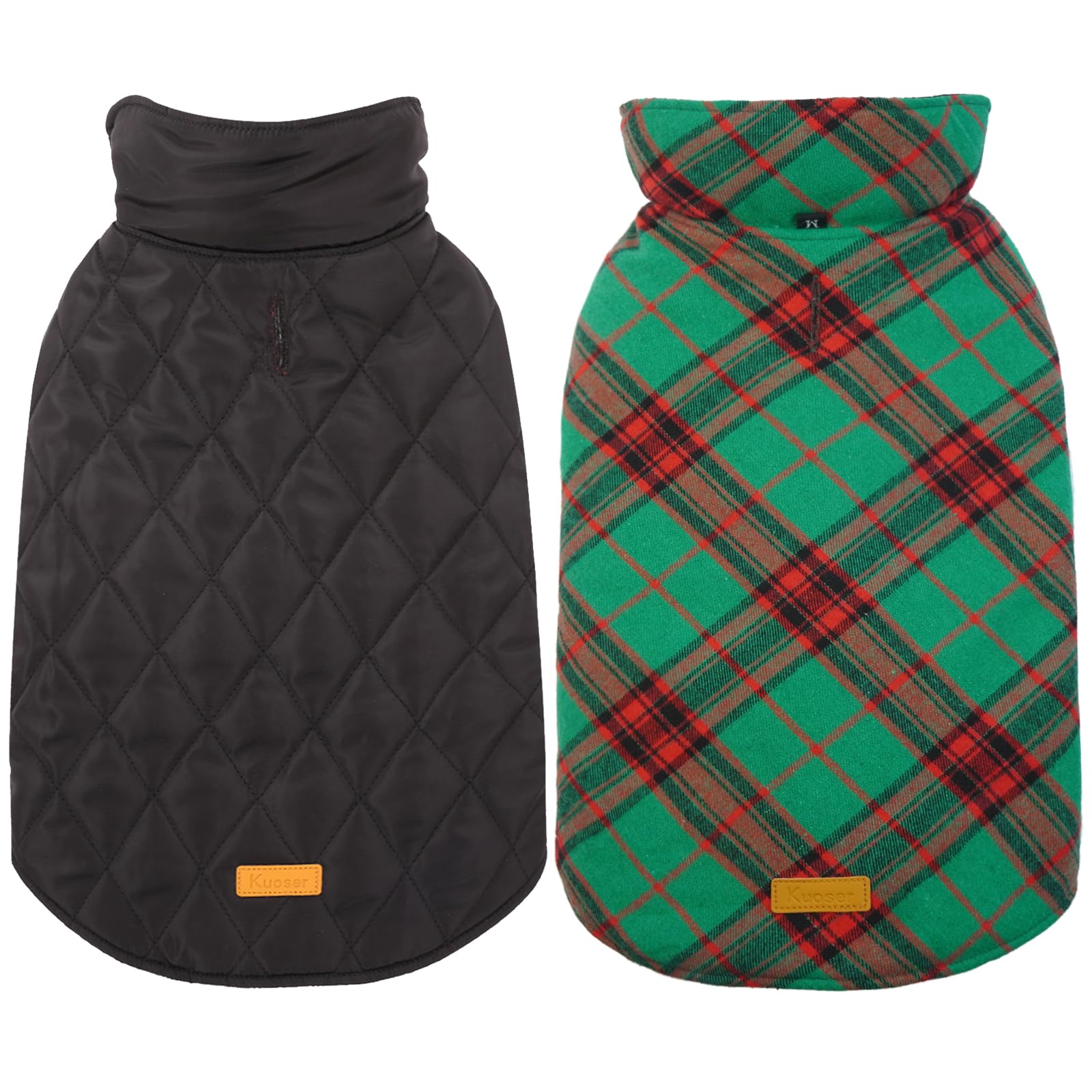 Kuoser Warm Dog Coat, Reversible Dog Jacket Waterproof Dog Winter Coat British Style Plaid Dog Clothes Pet Dog Cold Weather Coats Cozy Snow Jacket Vest For Small Medium Large Dogs Christmas Green Xs