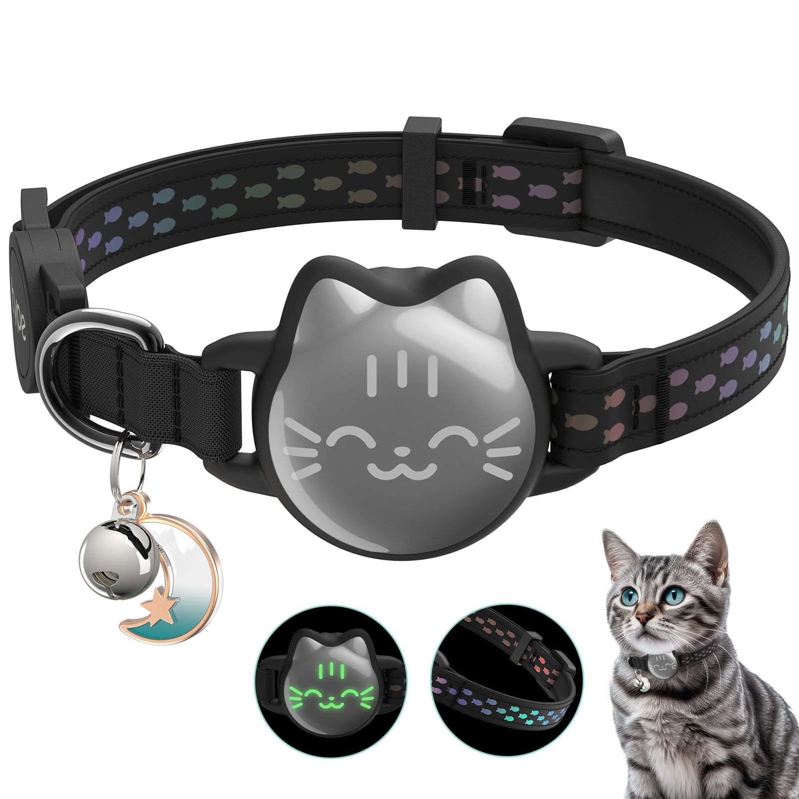 Waterproof Airtag Cat Collar, Breakaway Cat Airtag Collar With Luminous & Reflective Fish Pattern, Lightweight Kitten Collar For Apple Air Tag, Hidden Gps Tracker Holder For Cats, Kittens(9-13')