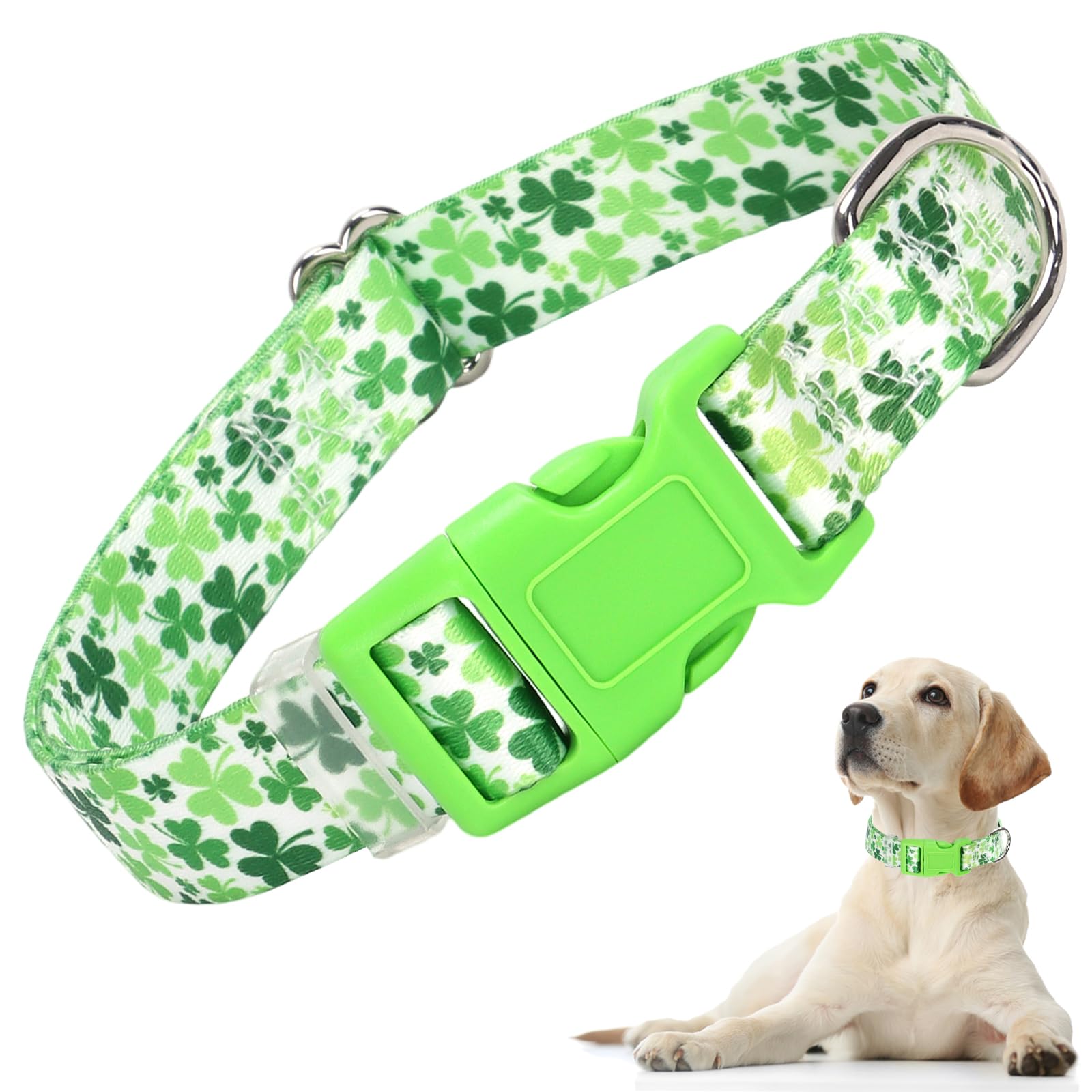 Dog Collar For Medium Dogs, Irish Green Shamrock Clovers Dog Collar For Boy & Girl Dogs, Adjustable Heavy Duty Nylon Collar With