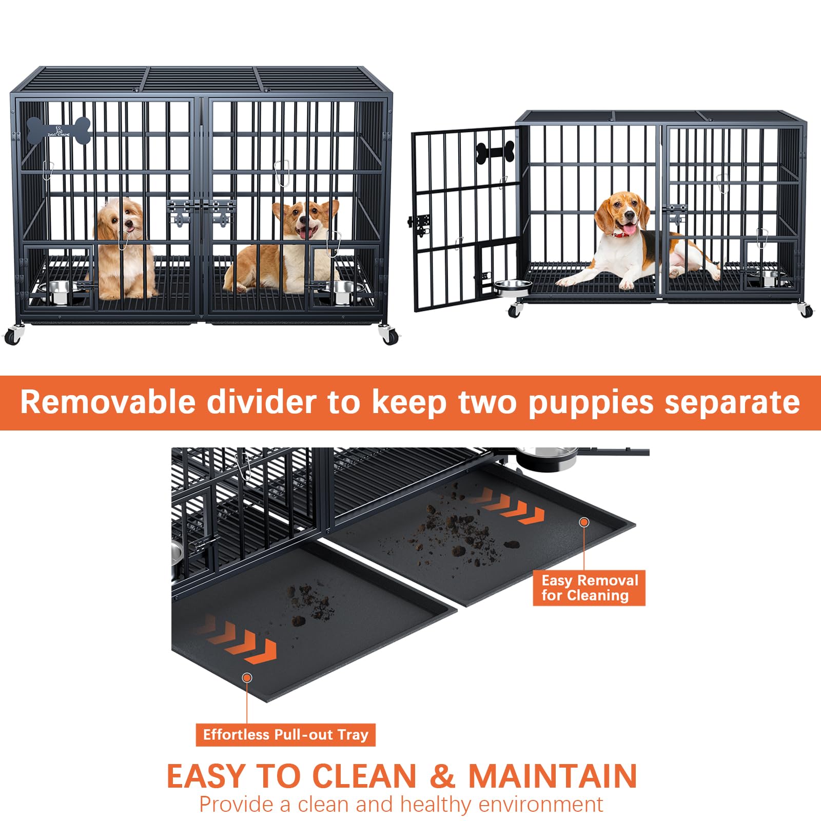 Aboxoo 42/48 Inch Heavy Duty Metal Dog Crate For 2 Dogs/Large Dog,All Metal Open Top Stackable,Dog Kennel Indoor With Wheels,Flo