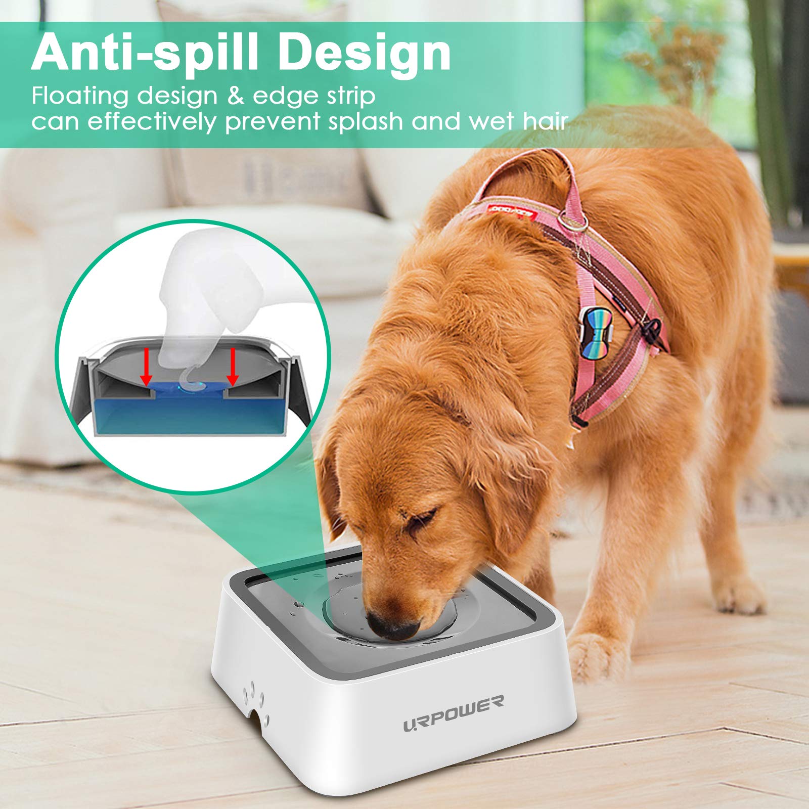 URPOWER 2.5L Grey Dog Water Bowl - No Spill Pet Water Dispenser for Dogs, Cats & Pets, Travel-Friendly Slow Feeder, 85oz Capacity