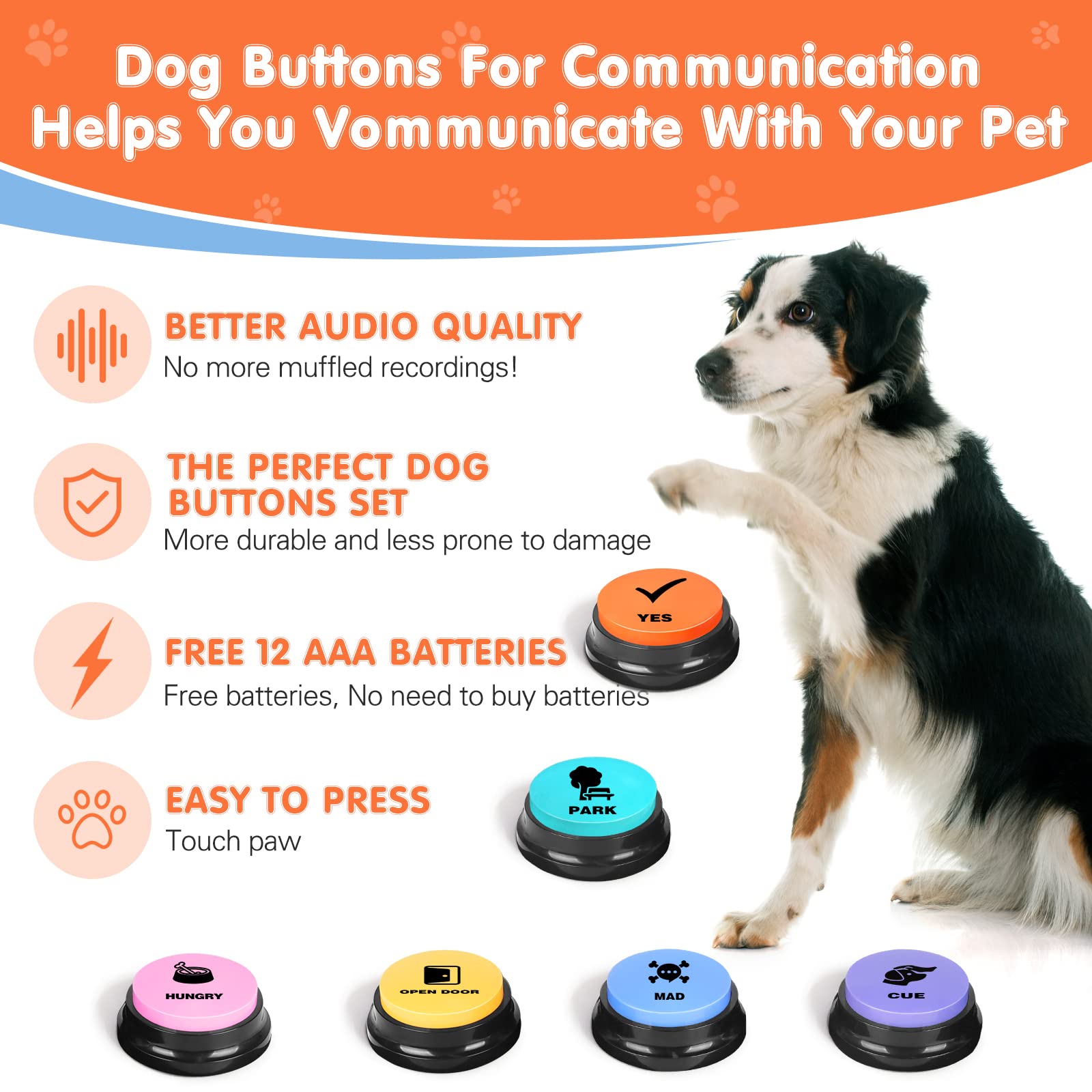 DCIAER Talking Buttons for Dogs - 6 Recordable Sound Buttons, 24 Scene Patterns, 1 Mat, 12 AAA Batteries - Pet Training Toy