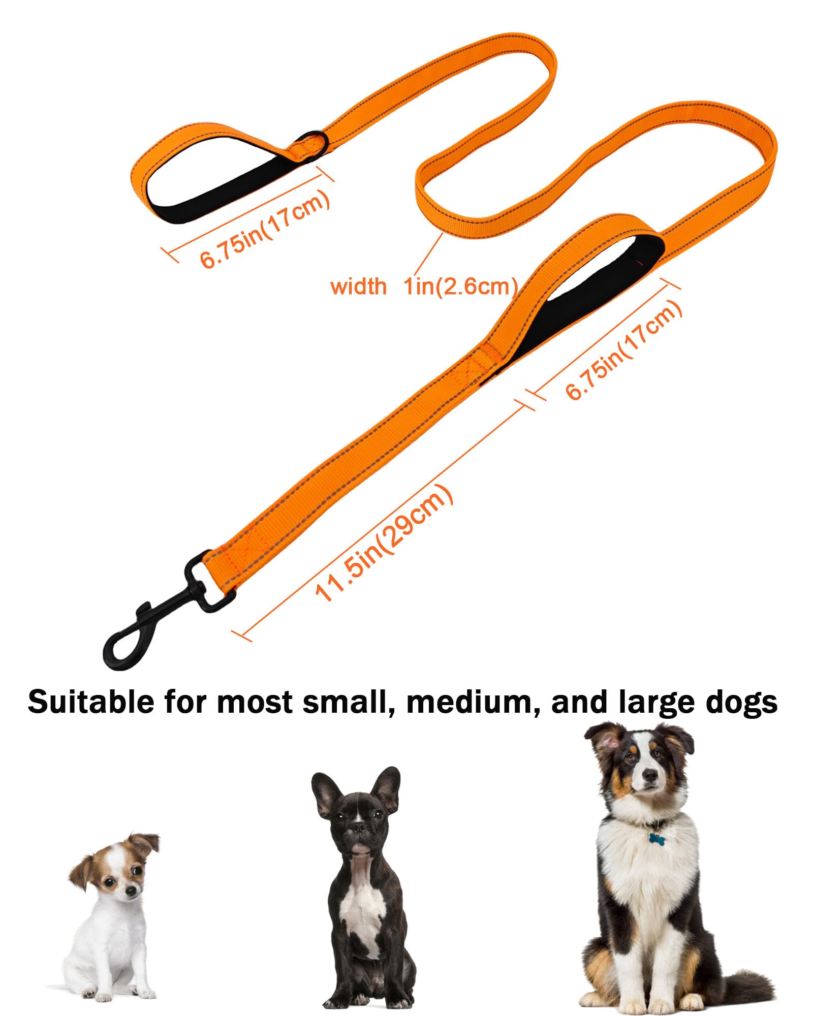 Solmoony 6Ft Orange Strong Dog Leash With 2 Padded Handles, Traffic Handle Extra Control, Double-Sided Reflective Walking Lead F