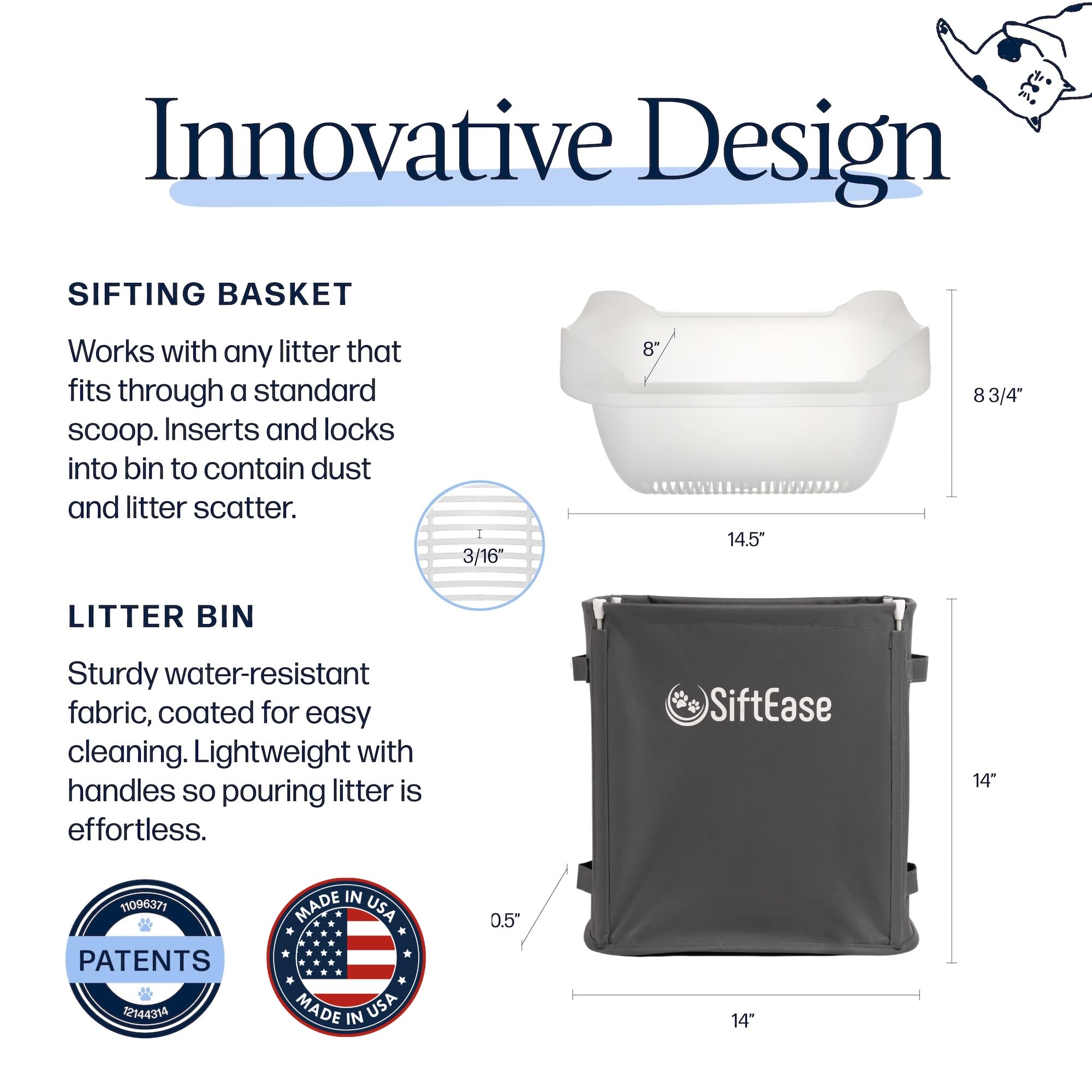 Cat Litter Sifter - SiftEase Litter Box Sifting, Fast & Easy Scoop Free Cleaner, Large Sifter with Bin for Longer Lasting Litter