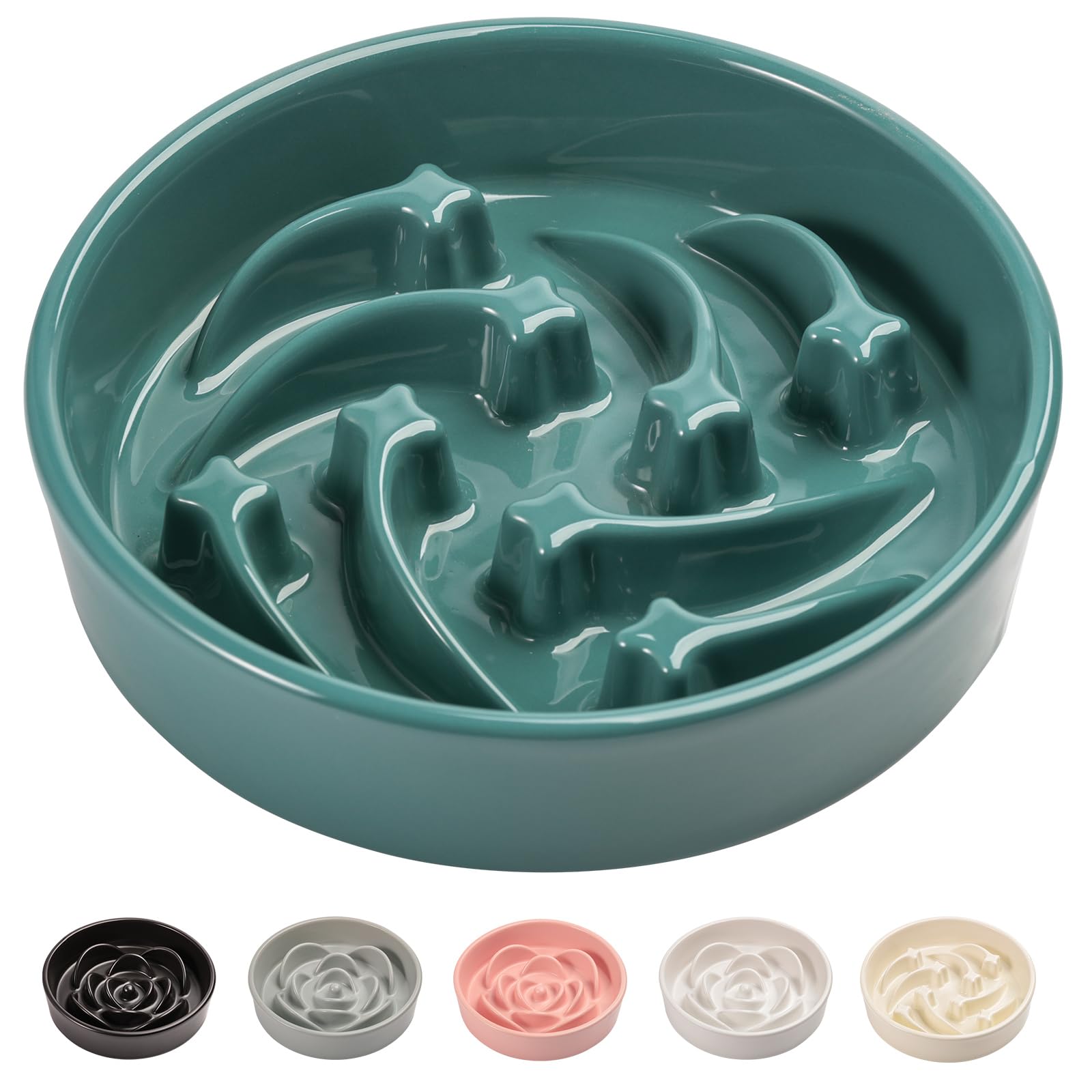 8.26 in Deep Green Ceramic Slow Feeder Dog Bowl for Medium and Large Breed,Pet Feeding Dog Food Water Dish Heavy Weighted,Puppy 