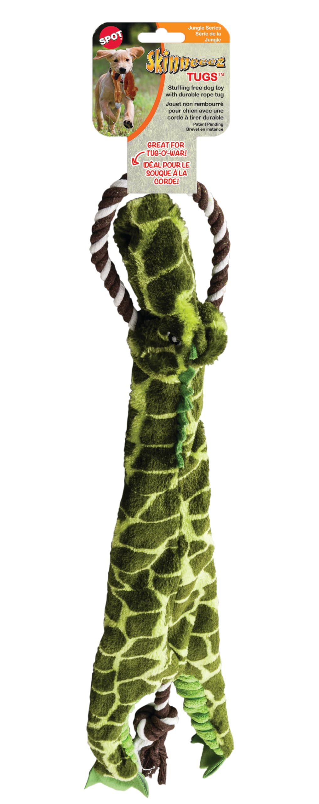 Spot Skinneeez Tugs Jungle Dog Toy - Rope Design For Extra Strength, With Squeaker & Crinkle, Stuffingless Design For Strong Chewers, Tug Toy For Medium To Large Puppies & Dogs - 23In, Style May Vary