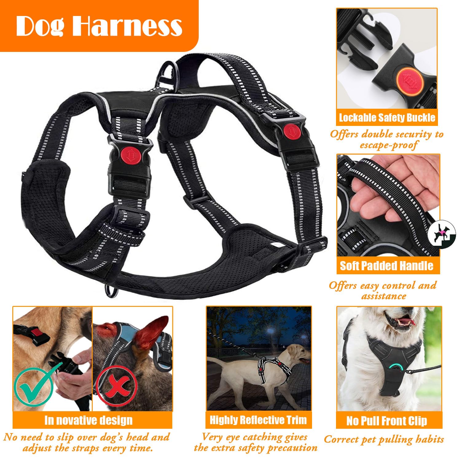 Lobeve No Pull Dog Harness, Collar & Leash Set With Retractable Dog Seat Belt, Collapsible Dog Bowls And Poop Bag Dispenser - Id