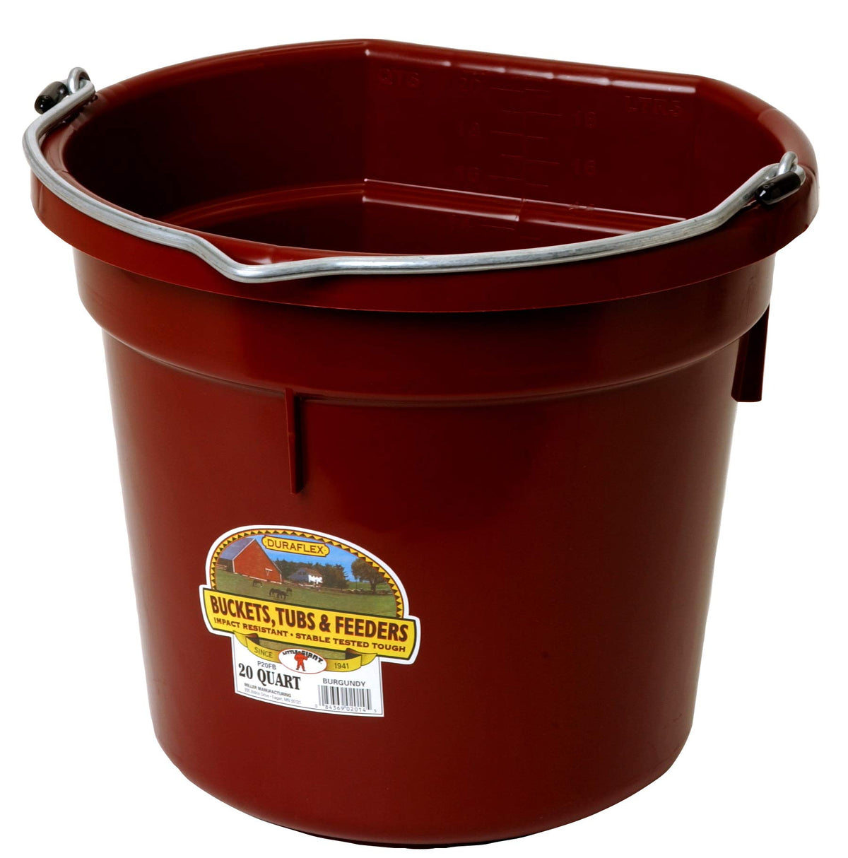 Little Giant® Flat Back Plastic Animal Feed Bucket | Animal Feed Bucket With Metal Handle | Horse Feed & Water Bucket | 20 Quarts | Burgundy