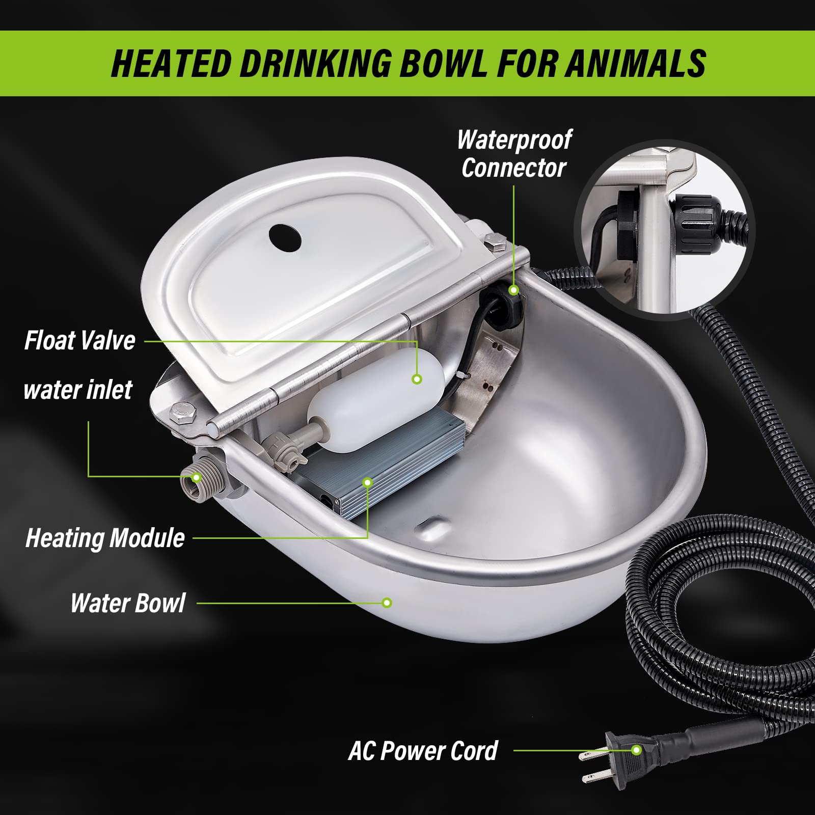MINYULUA Stainless Steel Heated Dog Water Bowl - 10.6" x 10" - Outdoor Thermal Dispenser for Pets, Livestock, Silver