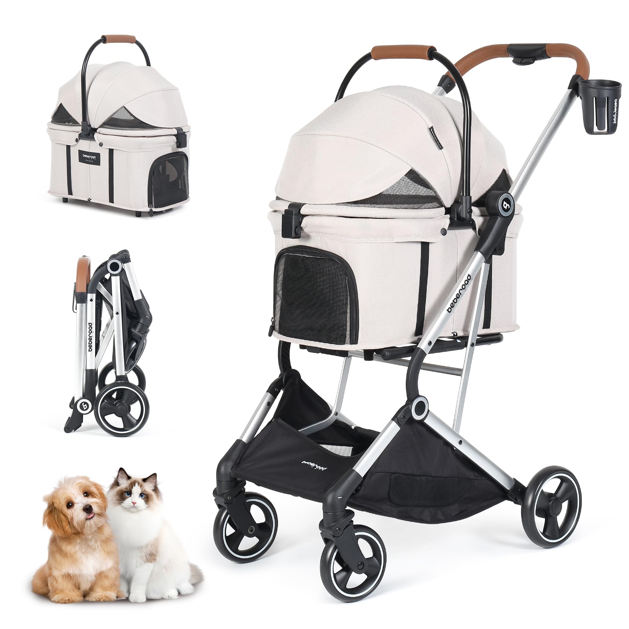 Beberoad Pets T3 Pro 3 In 1 Small Pet Stroller For Dog & Cats, 4 Wheels With Detachable Carrier With Pad, Canopy And Cup Holder,