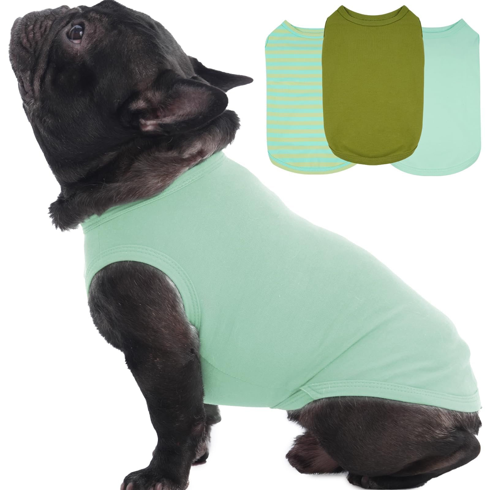 3 Pack Green Striped And Solid Dog T Shirt For Medium Dogs Boy,Large Sleeveless French Bulldog Shirts,Summer Outing Grassland Se