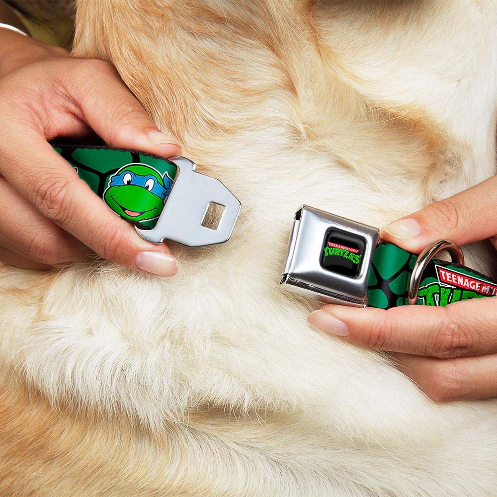 Buckle-Down Seatbelt Buckle Dog Collar - Classic Tmnt Turtle Faces Black/Green Turtle Shell - 1' Wide - Fits 15-26' Neck - Large