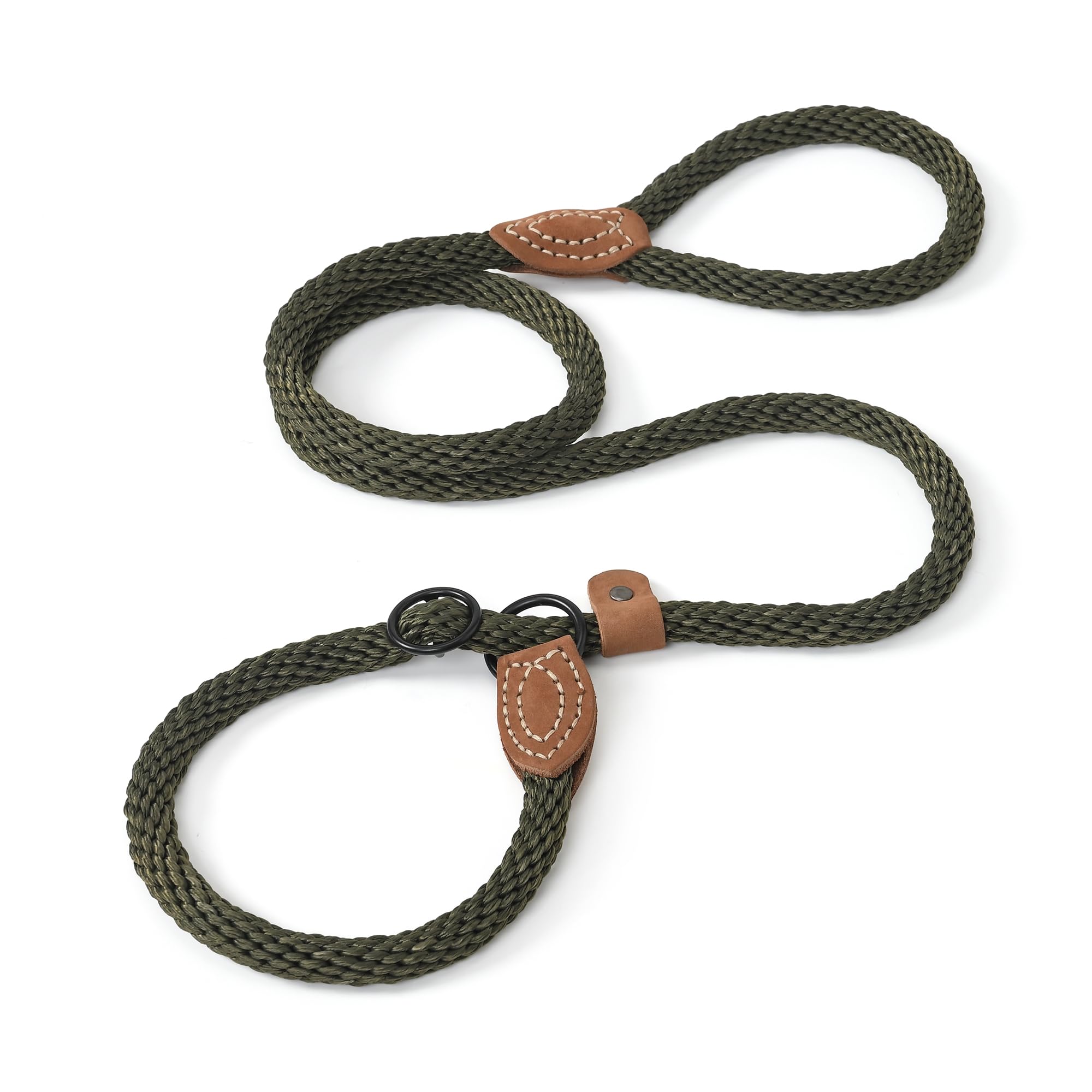Mile High Life Slip Leads For Dogs | Heavy Duty Dog Training Leash | 5 Feet No Pull Slip Leashes W Leather Tip | Dark Green Rope Lead For Dogs Outside