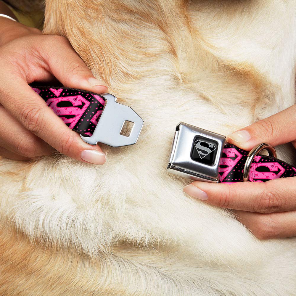 Buckle-Down Dog Collar Seatbelt Buckle Diagonal Superman Logo Hearts Black Pink 15 To 26 Inches 1.0 Inch Wide, Multi Color (Dc-Wsm026-L)