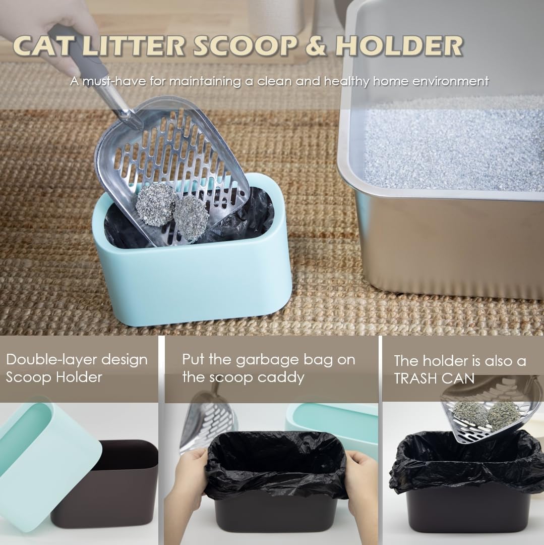 Vitisyao Aluminium Cat Litter Scoop In Holder, Non-Stick Cat Poop Scooper With Holder, Fast Sifting Kitten Poop Lifter And Caddy