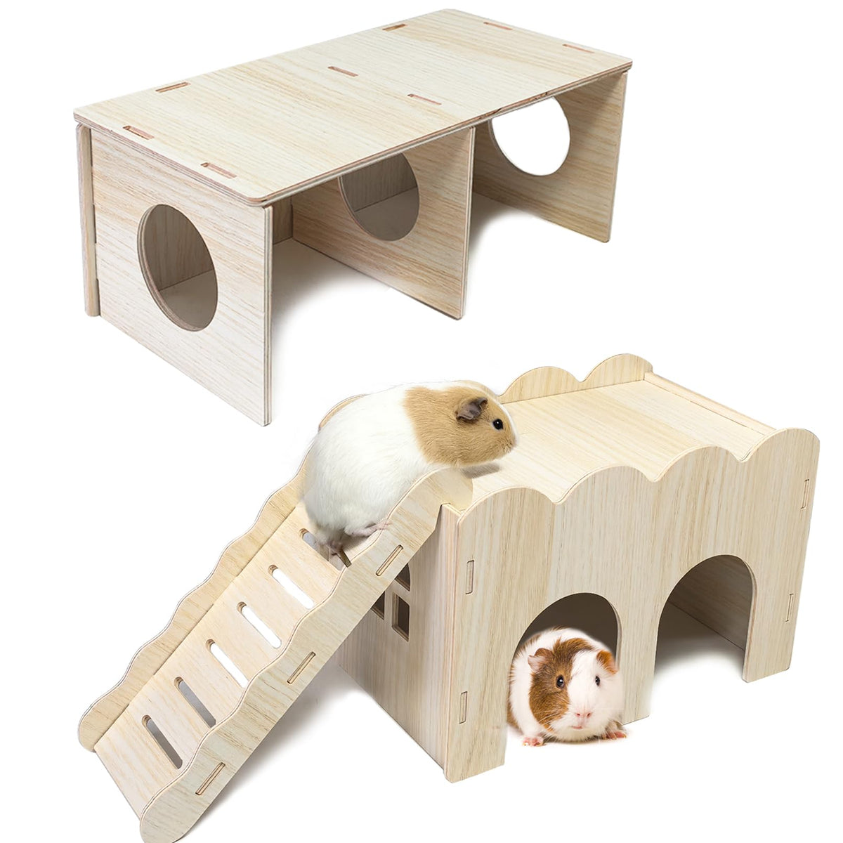 2 Pcs Large Wooden Syrian Hamster Hideout Multi-Chamber Tunnel Set Ham ...