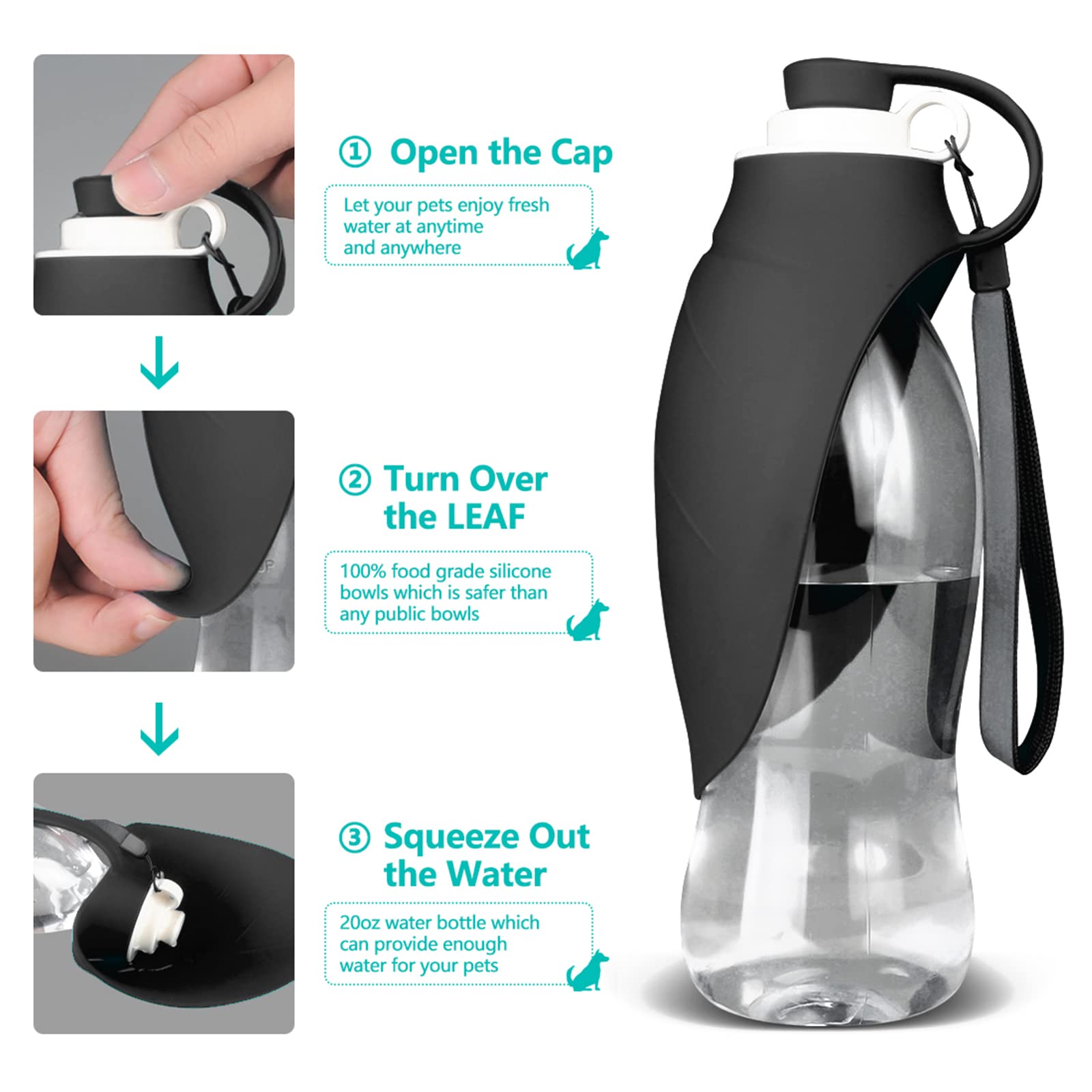 Tiovery Dog Water Bottle, Portable Pet Water Dispenser Feeder Leak Proof With Drinking Cup Dish Bowl For Outdoor Walking, Hiking, Travel, 20Oz Water Bottle Fit For Small To Large Dogs And Cats Black