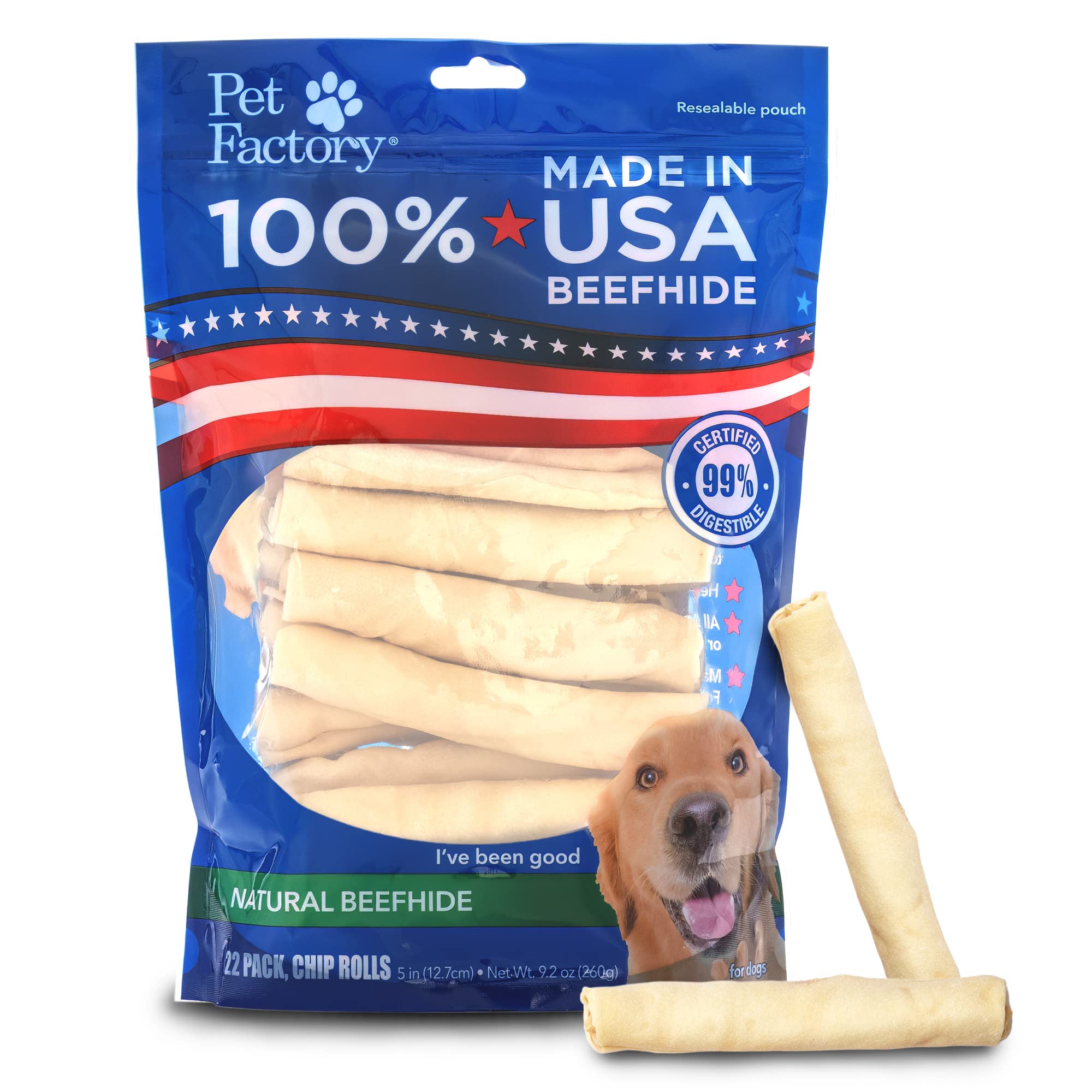 Pet Factory 100% Made in USA Beefhide 5 Chip Rolls Dog Chew Treats - Natural Flavor, 22 Count/1 Pack, 9.20 Ounce (Pack of 1)