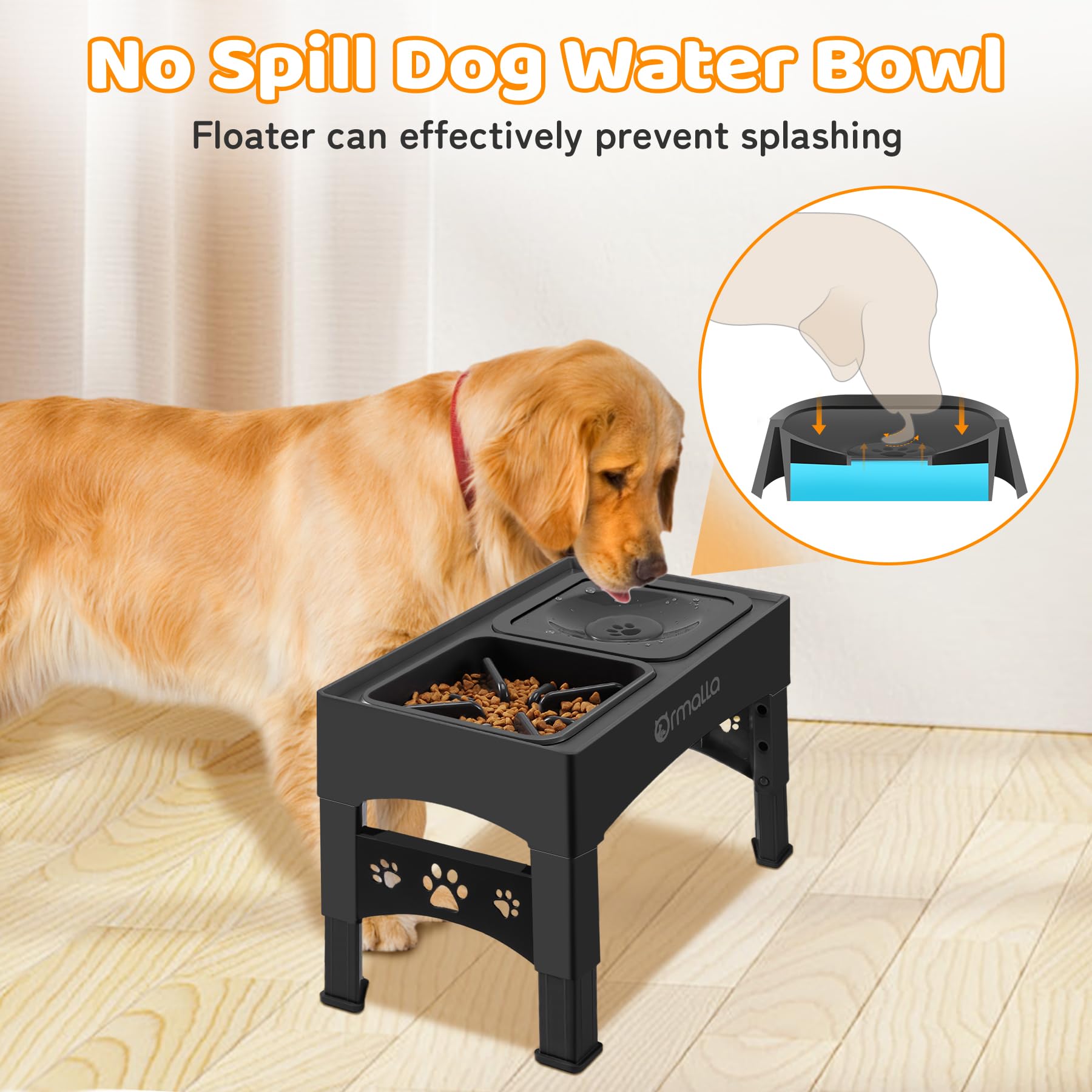 Ormalla Elevated Slow Feeder Dog Bowls, Adjustable Raised Dog Bowl With No-Spill Water Bowl, Non-Slip Stand For Large, Medium, S