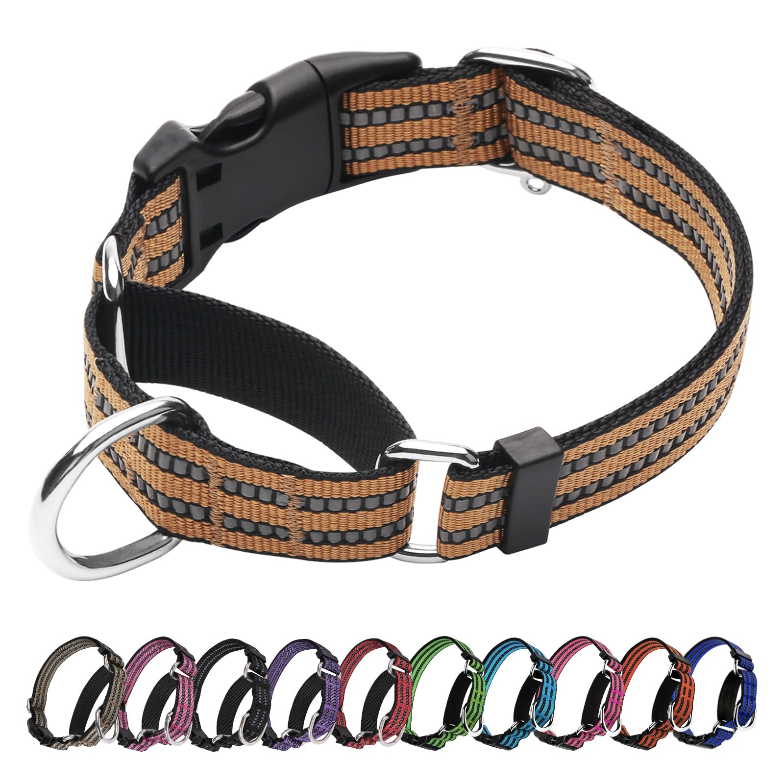 Joyeeiioo Martingale Dog Collar, Adjustable Nylon Reflective Collar With Quick Release Buckle (Turmeric Brown, Large)