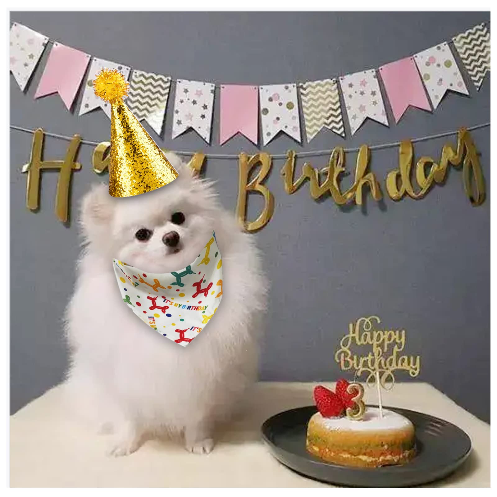 Dog Birthday Hat And Bandana For Boy/Girl Pet Party Supplies - Scarf For Small, Medium, Large Dogs (Gold)