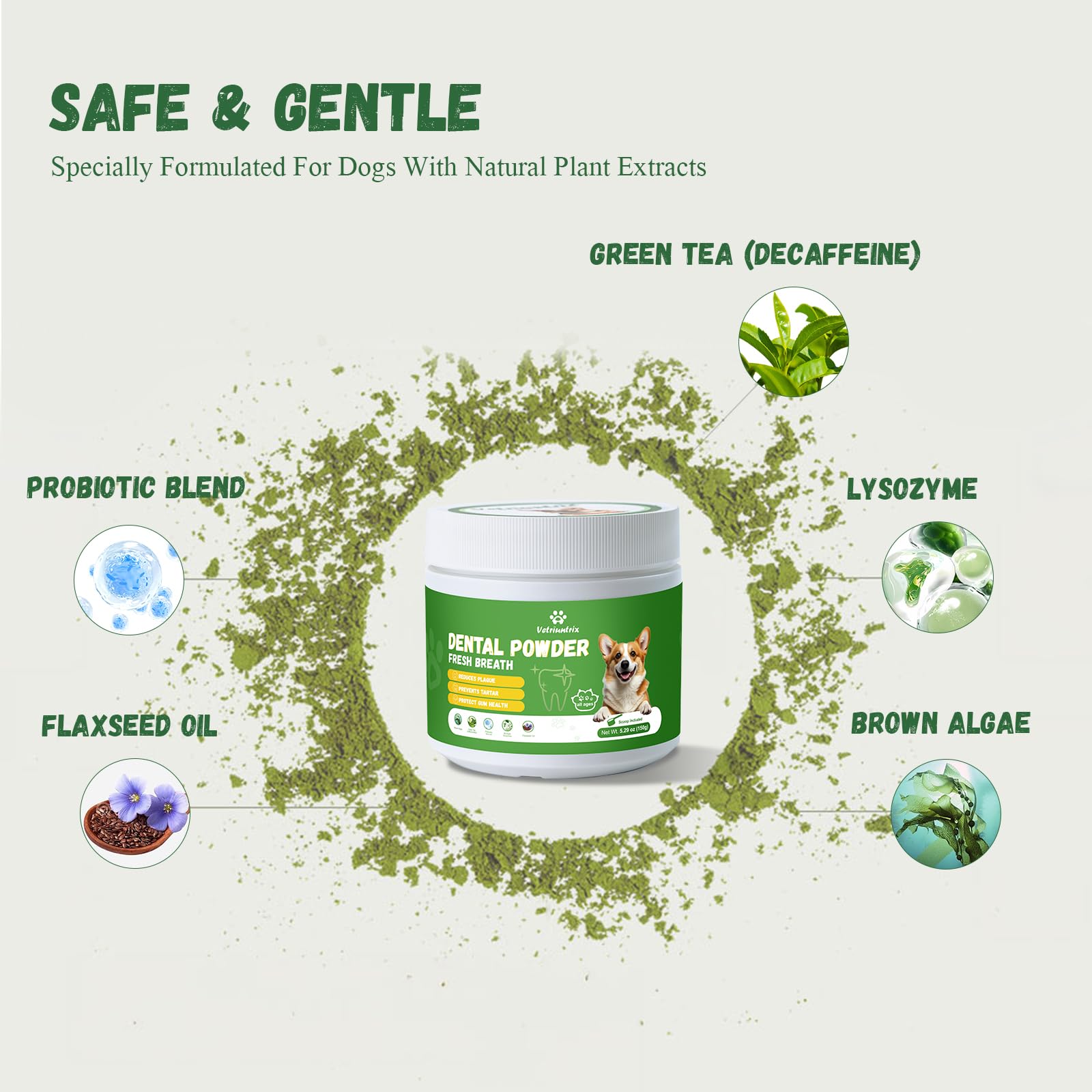 Vetriuntrix Dog Teeth Cleaning Powder, Dog Dental Powder for Teeth Cleaning and Dog Breath Fresh for Dogs with Probiotic & Tarta