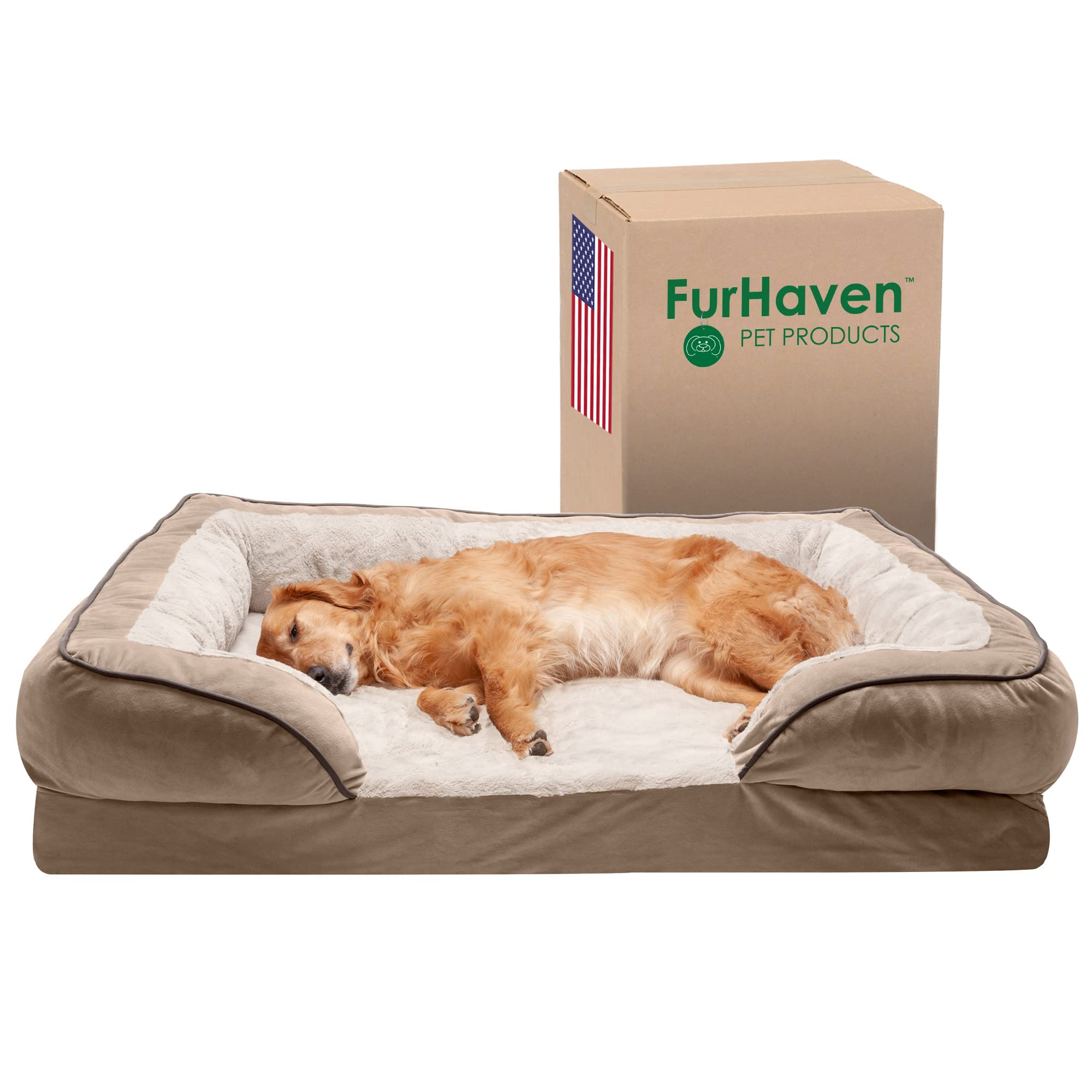 Furhaven Cooling Gel Dog Bed for Large Dogs w/ Removable Bolsters & Washable Cover, For Dogs Up to 95 lbs - Plush & Velvet Waves