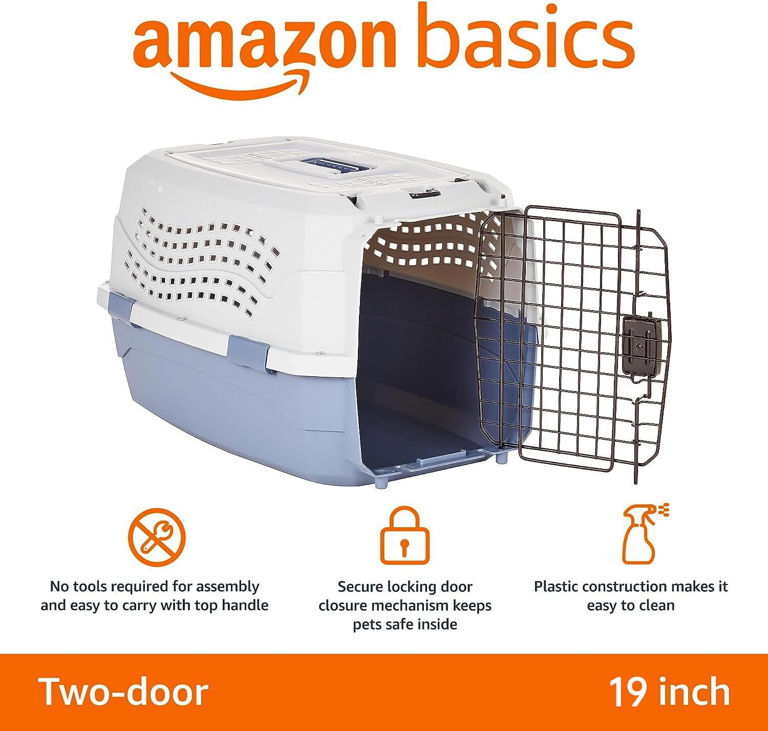 Amazon Basics 2-Door Top-Load Hard-Sided Cat Pet Travel Carrier, 19.0 L x 12.6 W x 10.0 H, Gray & Blue