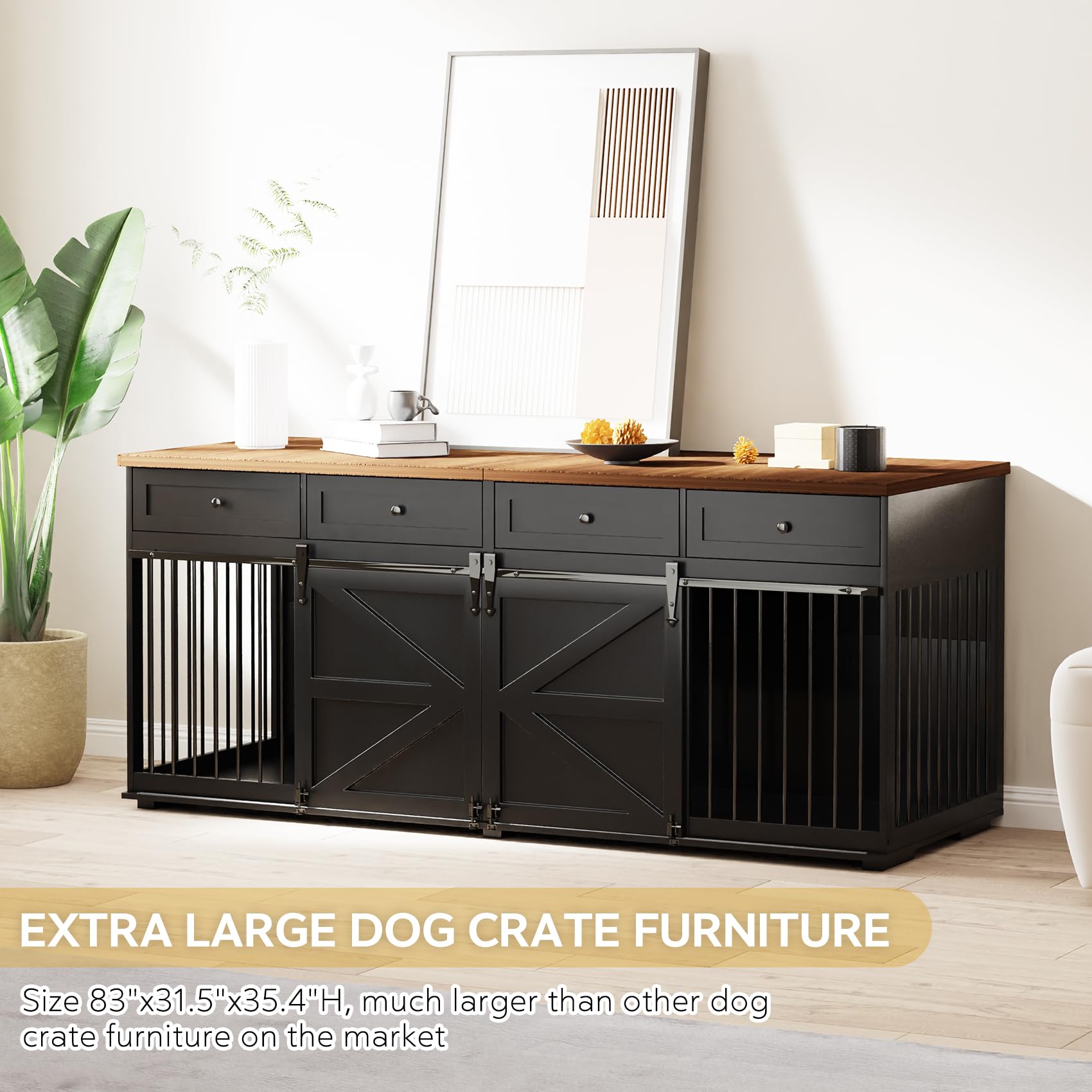Furniture Style Dog Crate - Indoor Wooden Dog Kennel Furniture With 4 Drawers & 2 Sliding Barn Doors - For Small Medium Large Do