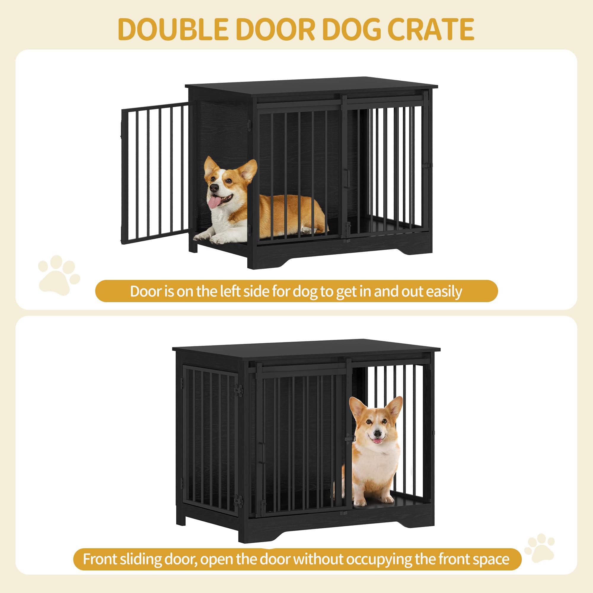 Hzuaneri 31.9 Dog Crate Furniture with Barn Door, Heavy Duty Dog Kennel Indoor with 2 Doors, Wooden Pet Cage End Table for Small