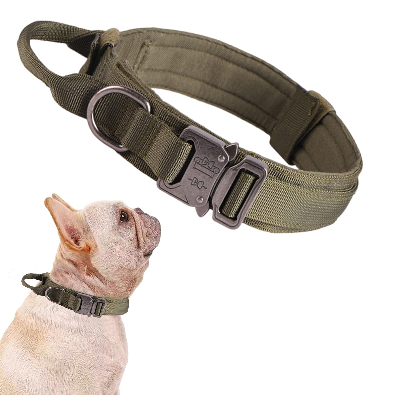 Tactical Dog Collar Military Dog Collar Adjustable Nylon Dog Collar Heavy Duty Metal Buckle With Handle For Dog Training (Green,S)
