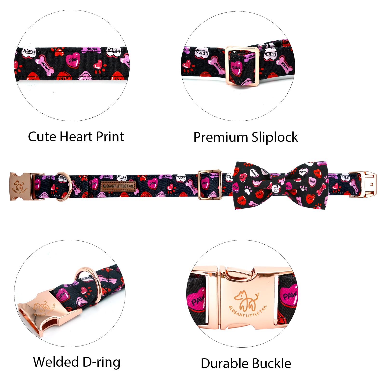 Elegant little tail Valentine's Dog Collar,Cute Heart Dog Collar with Bow for Large Dogs, Female or Male Adjustable Cotton Pet C