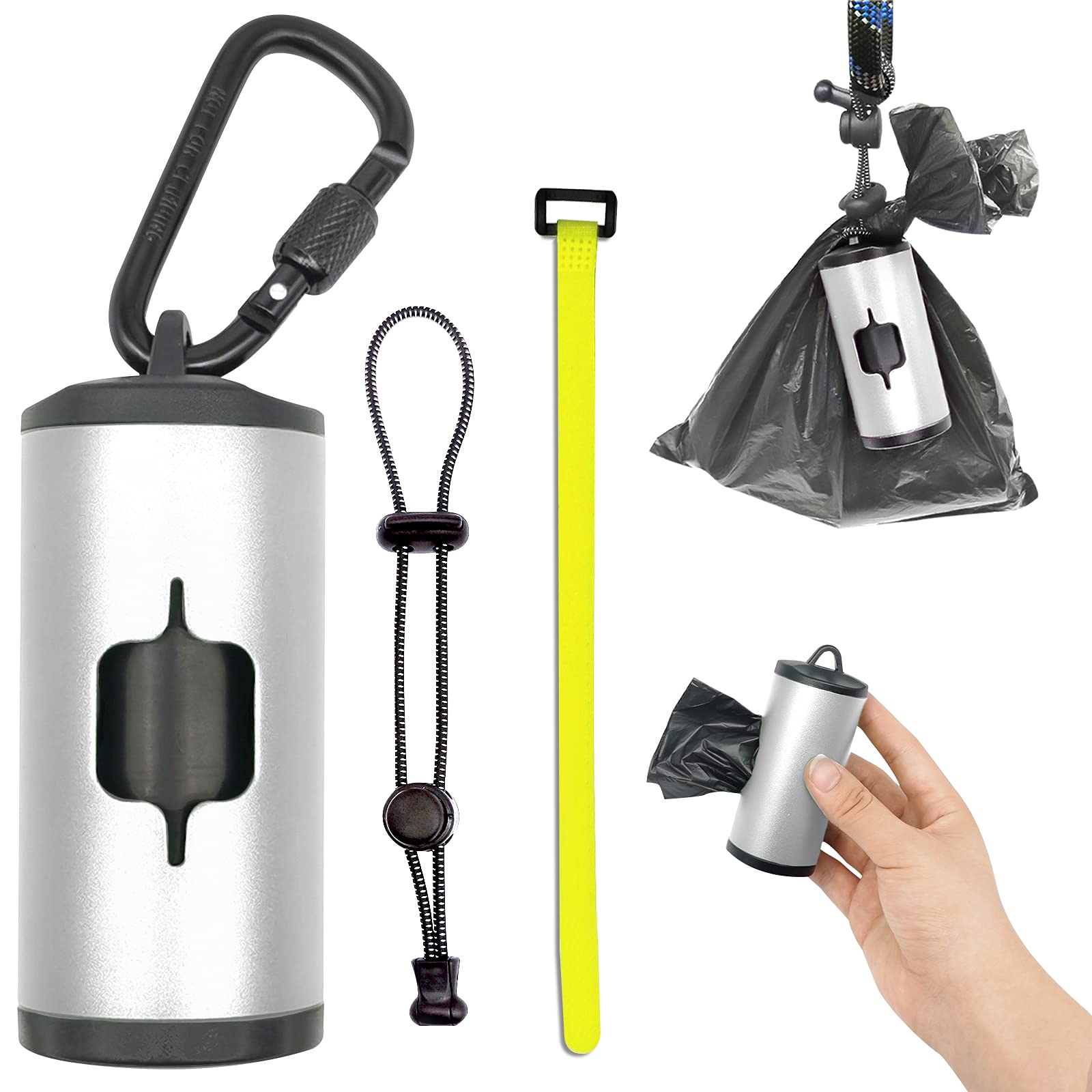 Shaouman Metal Dog Poop Bags Holder Aluminum Poo Bags Dispenser With 15 Black Unscented Pet Waste Bags And 3 Leash Accessories For Dog Walking(1 Holder 15 Bags,Silver)