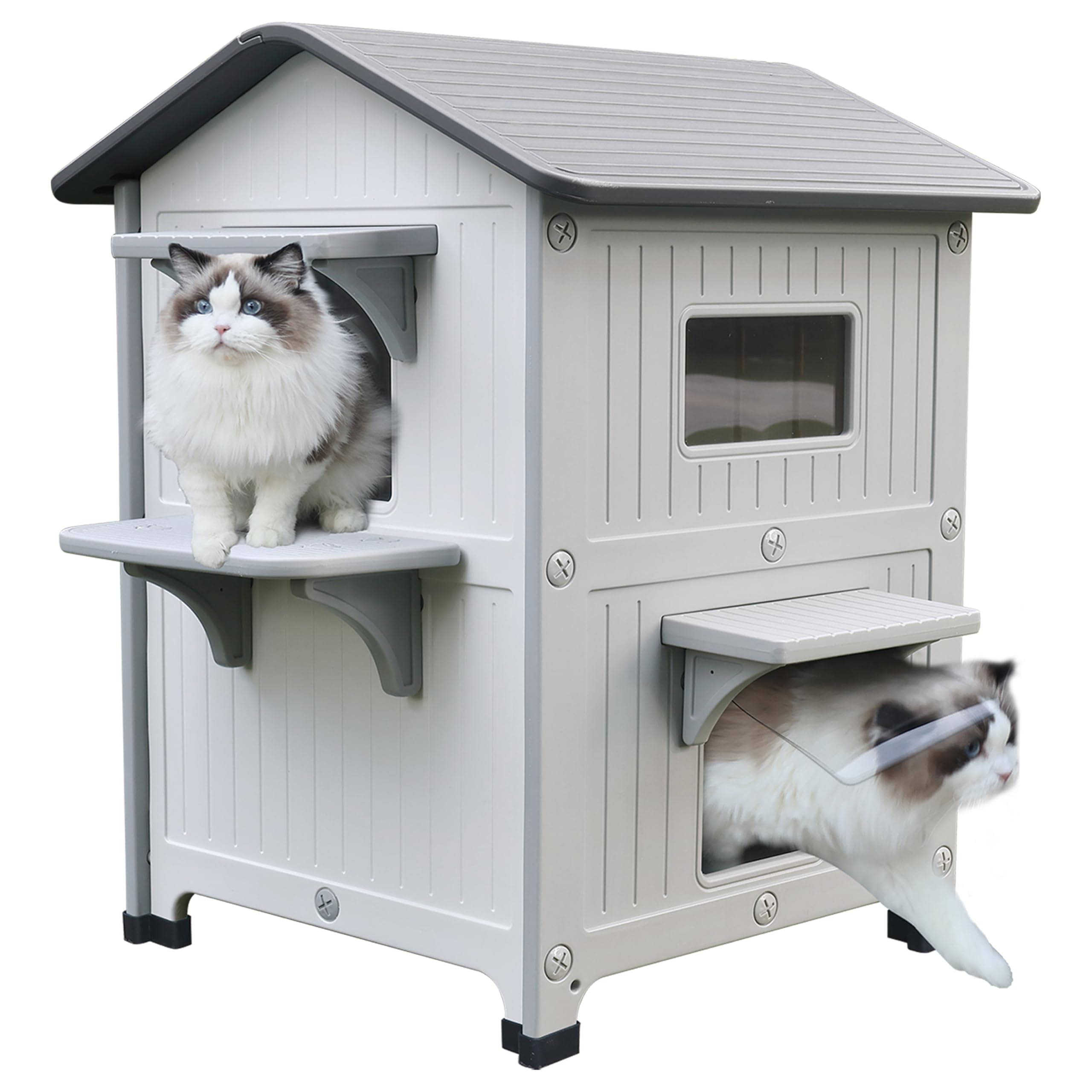 Rockever Luxury Plastic Outdoor Indoor Cat House With Escape Door, Waterproof 2 Story Outdoor Houses For Feral Cats Outside Cat 