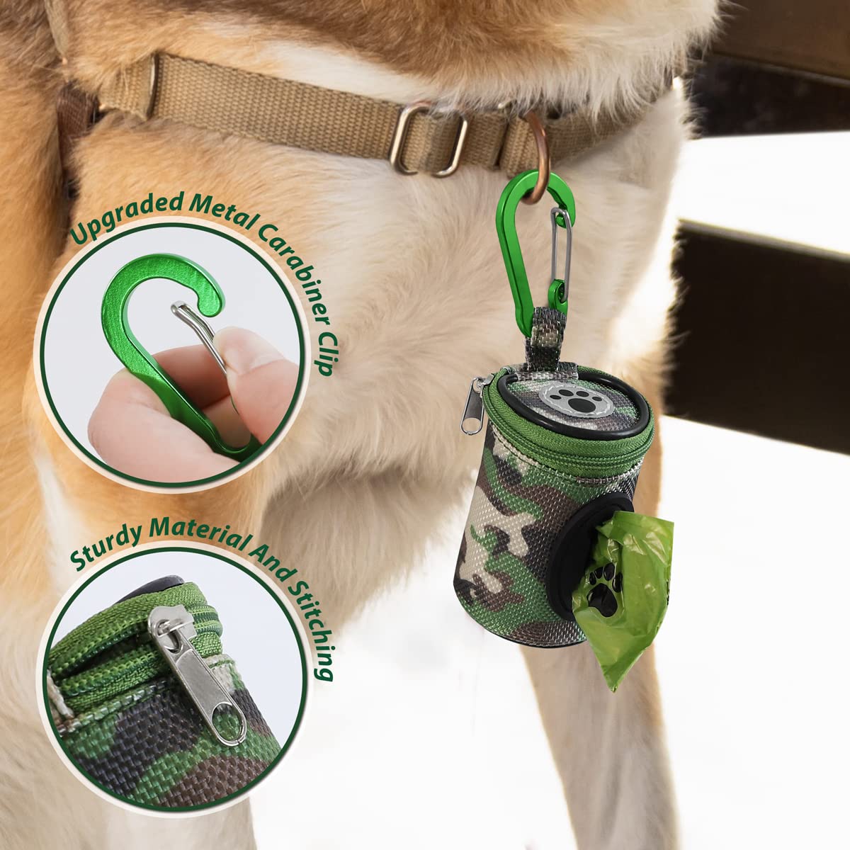 Furhab Dog Poop Bag Holder For Leash Doggie Waste Bag Dispenser Puppy Potty Carrier Small Doggy Zipper Pouch With Carabiner Clip 1680D Nylon Oxford With 1 Roll Of Pet Trash Bags, Woodland Camo