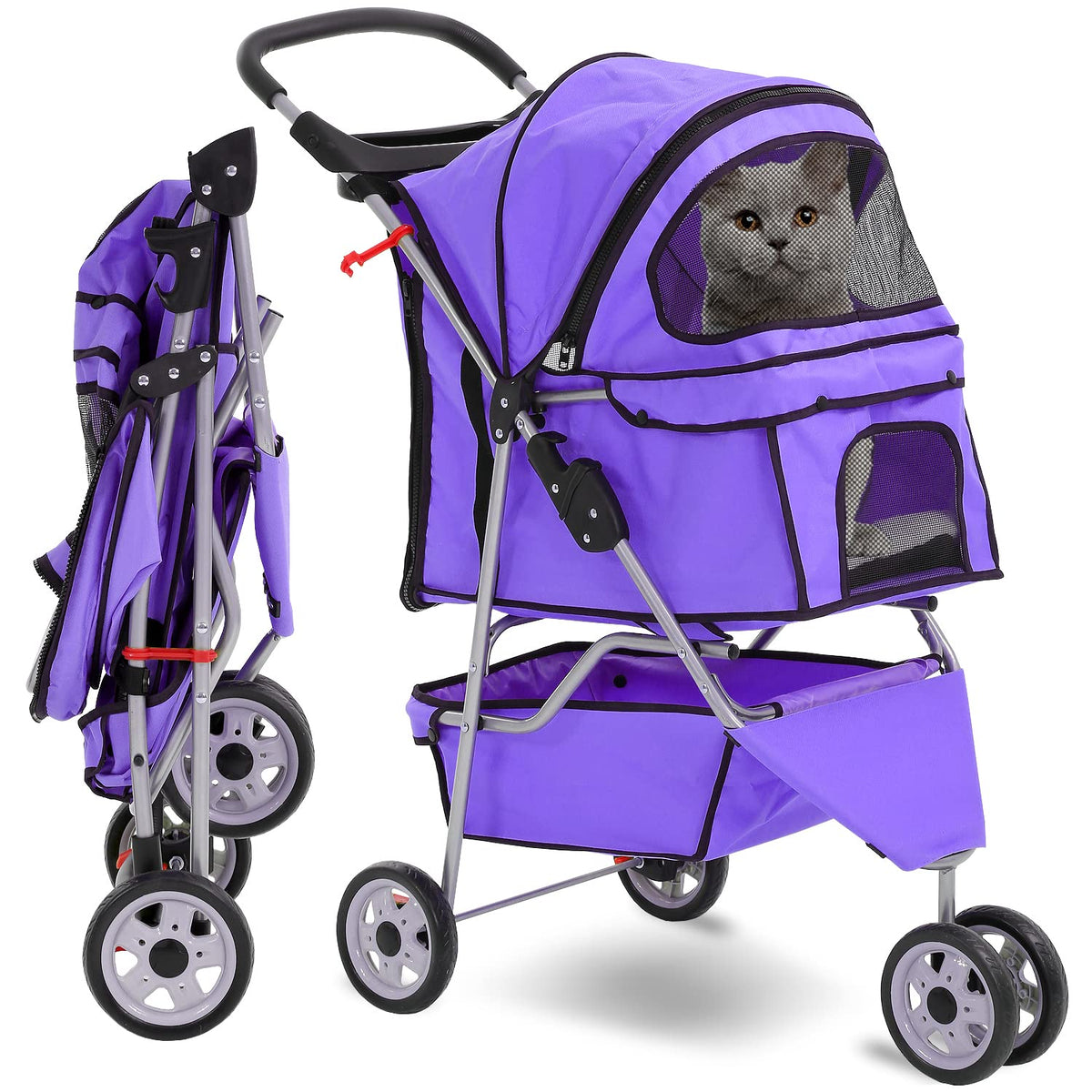 Hcy Folding Dog Stroller, 3 Wheels Cat Strollers Pet Gear For Small Medium Cats Dogs Puppy With Storage Basket, Cup Holder,Lightweight-Purple, 35.04Inchx17.32Inchx38.58Inch