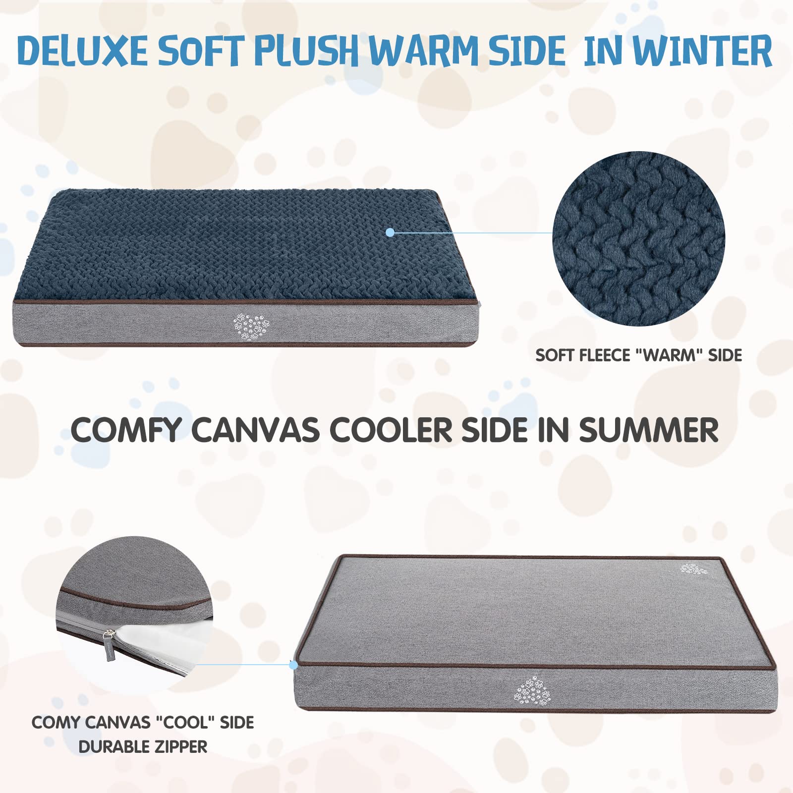 Vankean Dog Bed Soft Crate Pad Mat Reversible Cool & Warm, Washable Comfy Kennel Pad With Orthopedic Egg-Crate Foam For Small Medium Large Dogs, Water-Resistant Pet Bed, Gray/Dark Blue