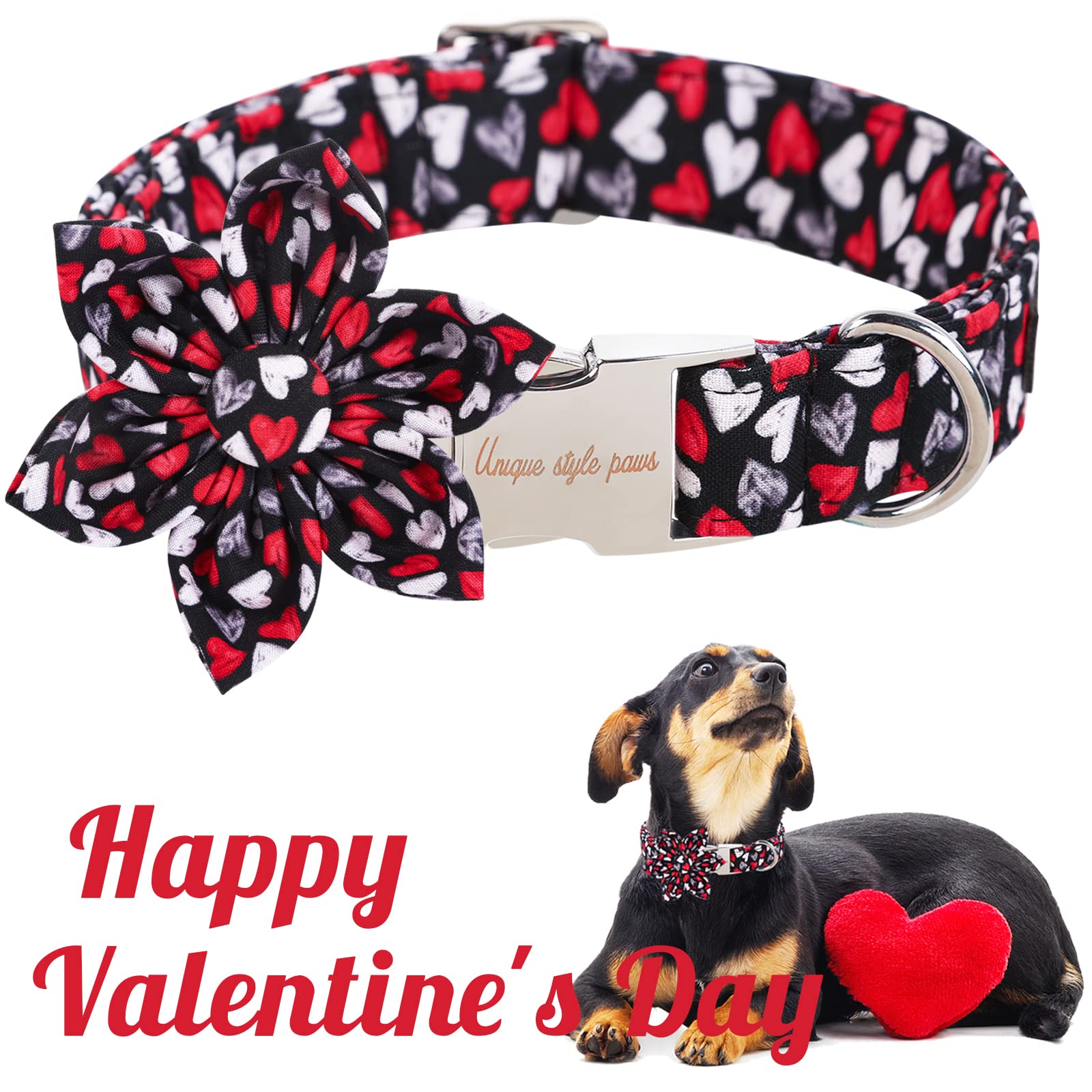 Unique Style Paws Valentine'S Day Dog Collar With Flower Tie Black & Red Heart Puppy Collar Best Gothic Style Gift For Small Medium Large Boys Girls-Xs