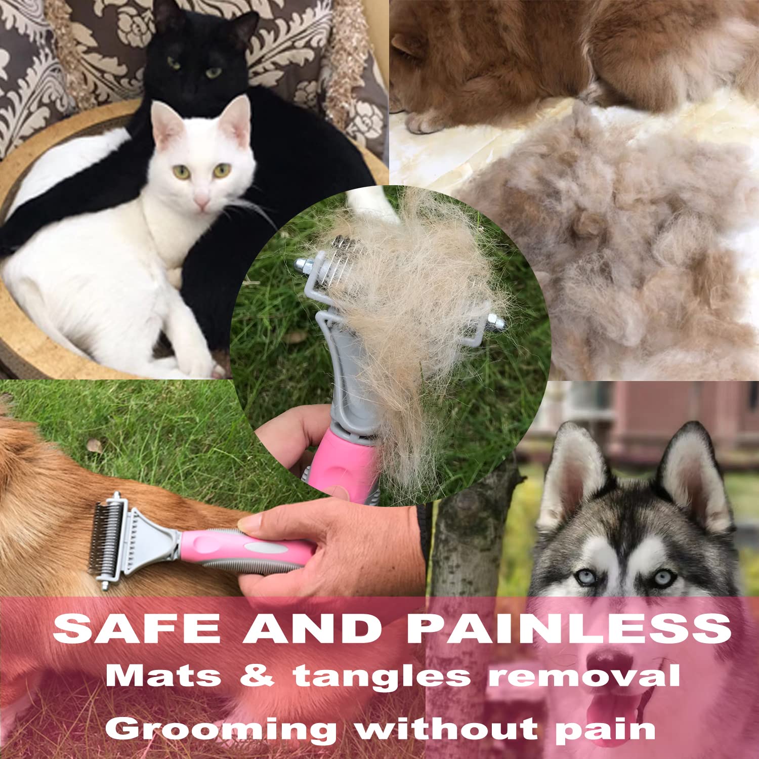 Pet Dematting Comb - 2 Sided Undercoat Rake For Cats & Dogs - Safe Grooming Tool For Easy Mats & Tangles Removing - Medium And L