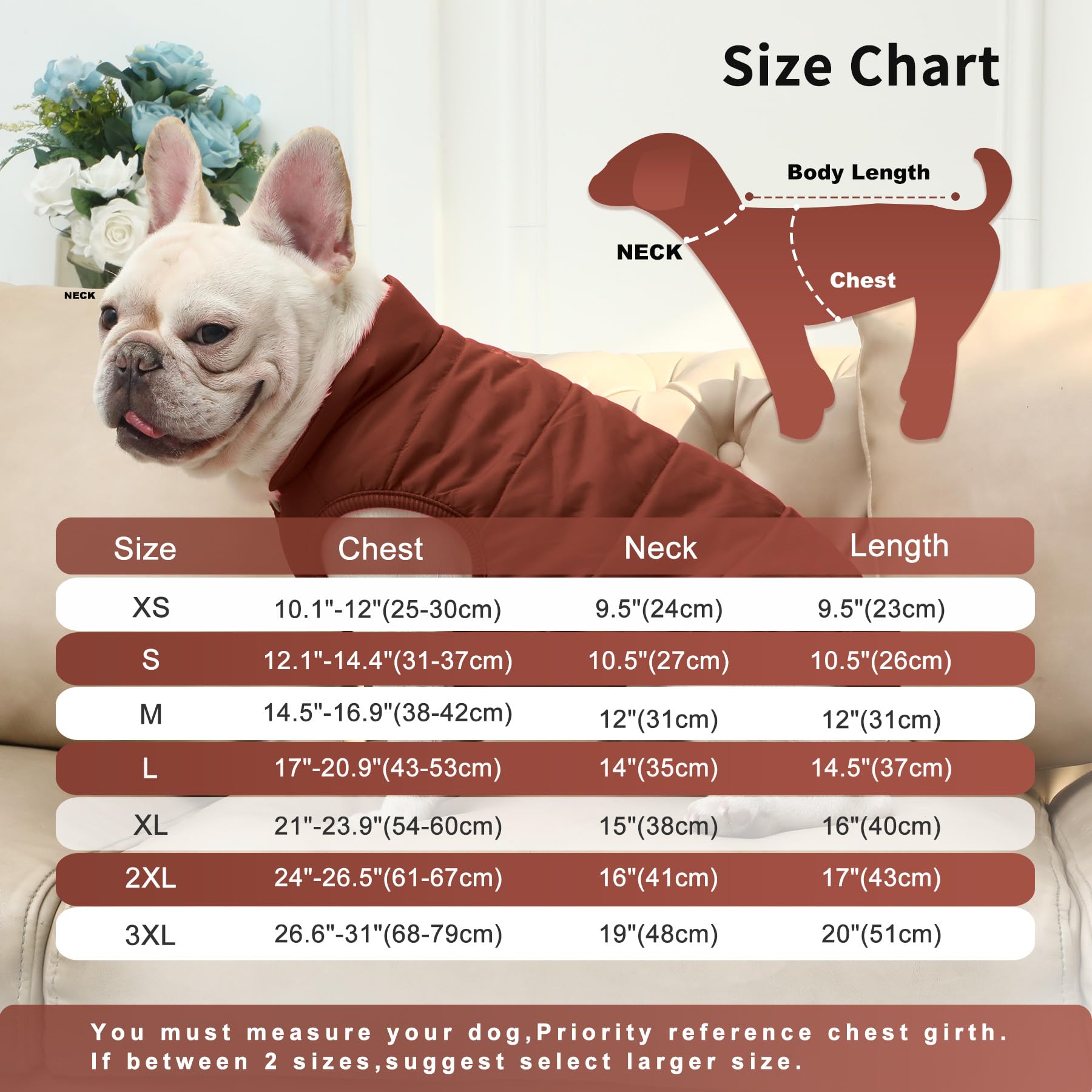 Joydaog 2 Layers Fleece Lined Warm Dog Jacket For Puppy Winter Cold Weather,Soft Windproof Small Dog Coat,Brown M