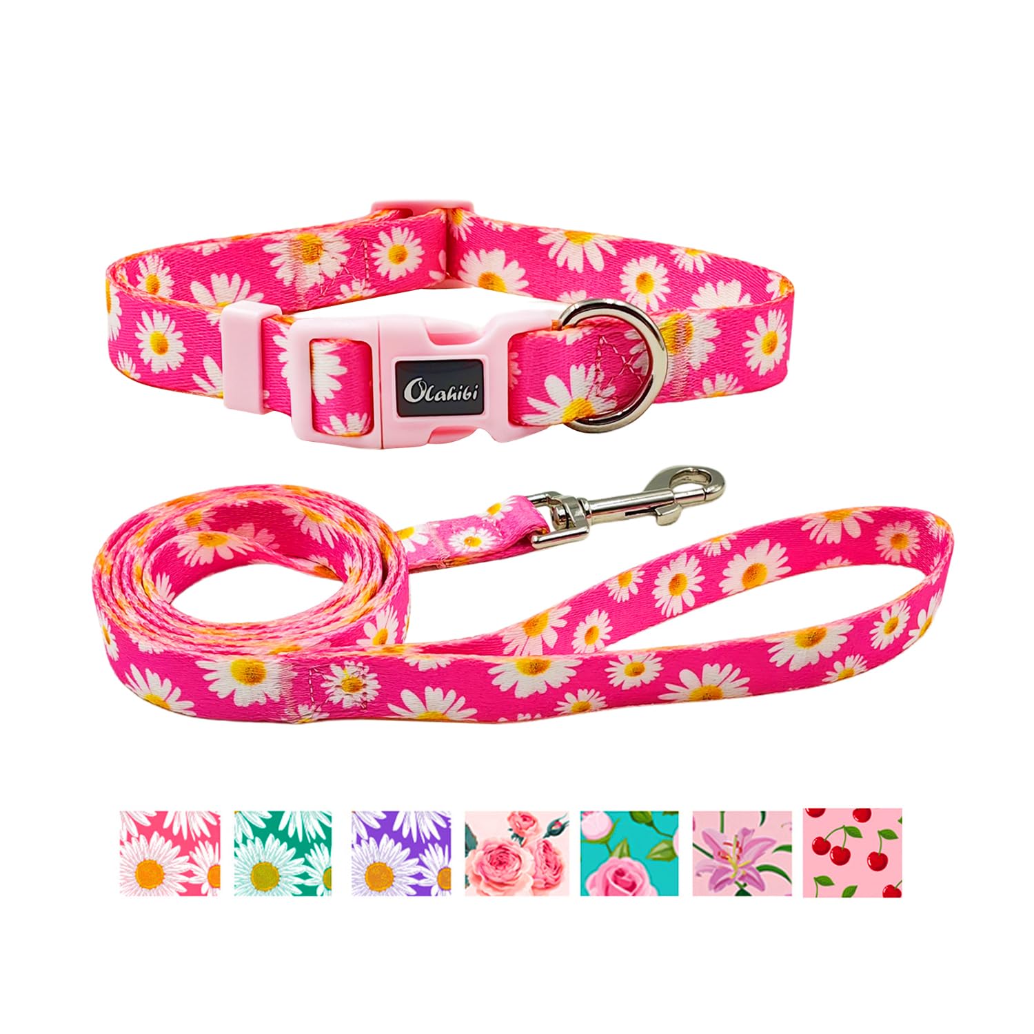 Olahibi Dog Collar And Leash Set, Cute Pink Daisy Pattern, Polyester Material, 5Ft Leash, For Small Dogs.(S, Daisy Set)