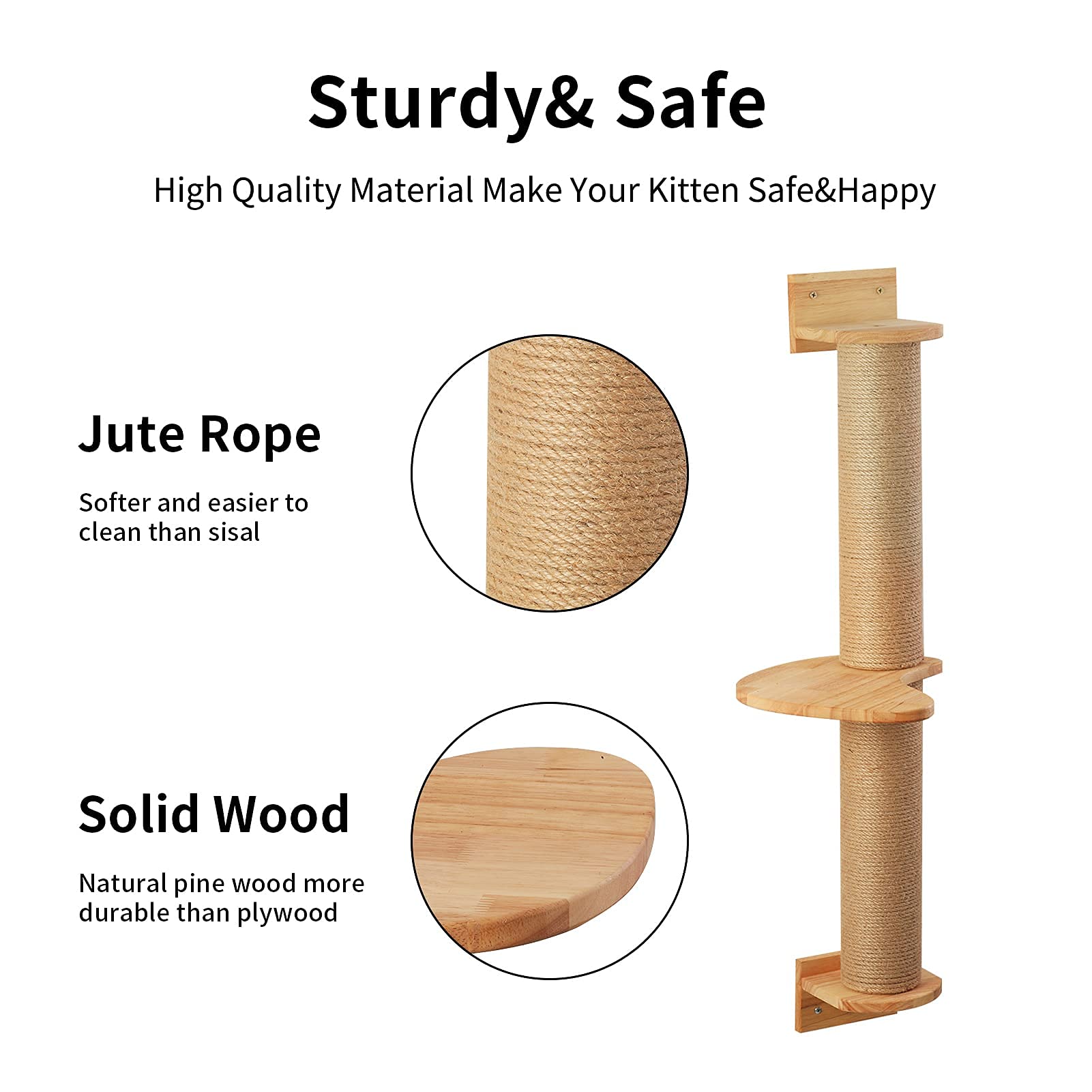 Fukumaru Cat Activity Tree With Scratching Posts, Wall Mounted Jute Scratcher Pine Hammock