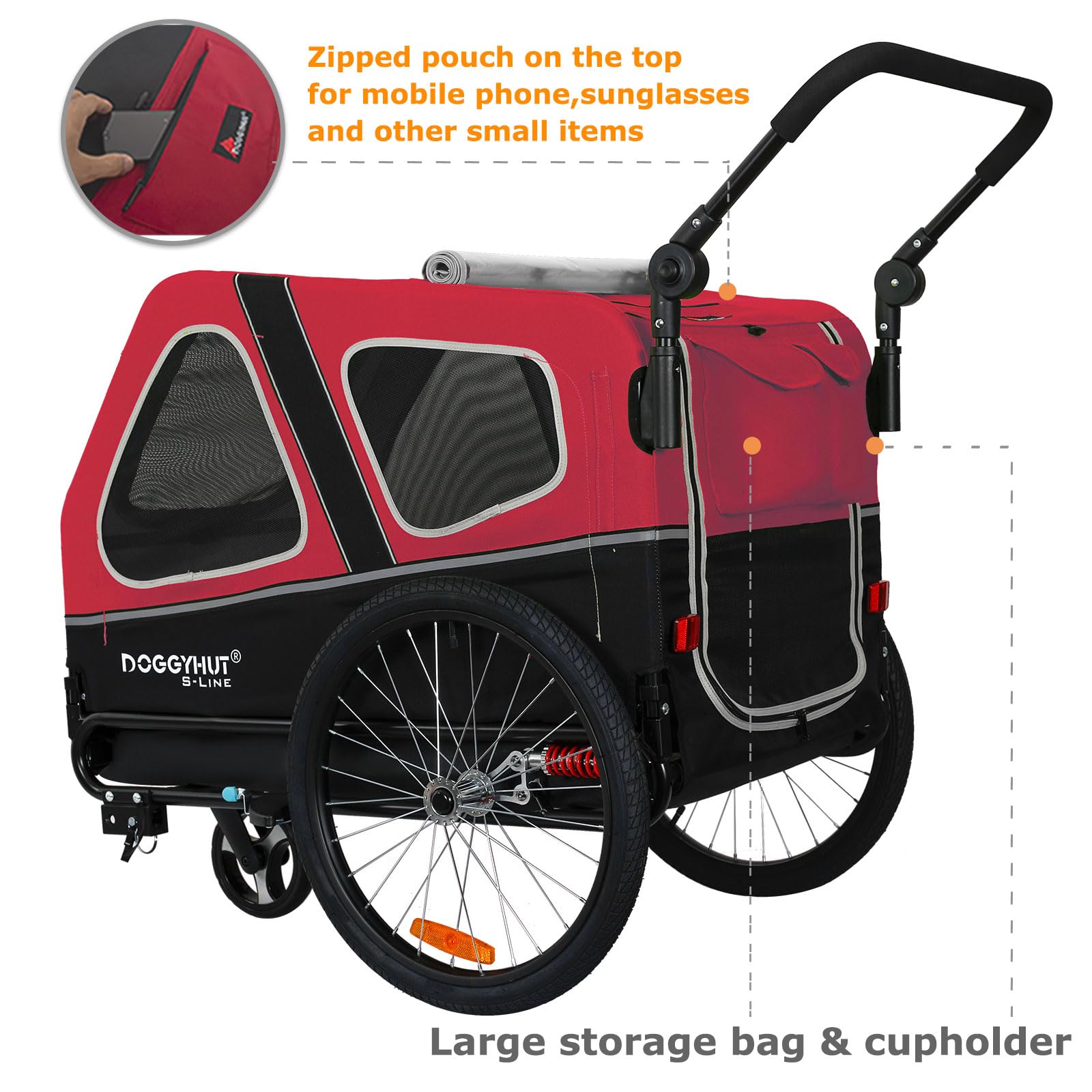 Doggyhut S-Line Xl Pet Bike Trailer & Stroller For Dog Up To 100 Lbs (Red)